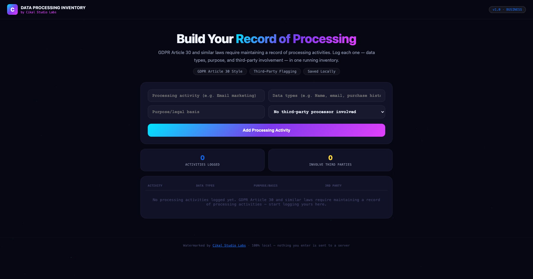 Data Processing Inventory Builder screenshot