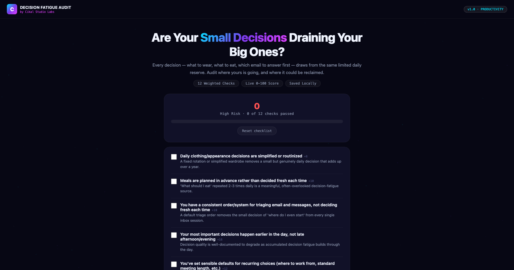 Decision Fatigue Checklist screenshot