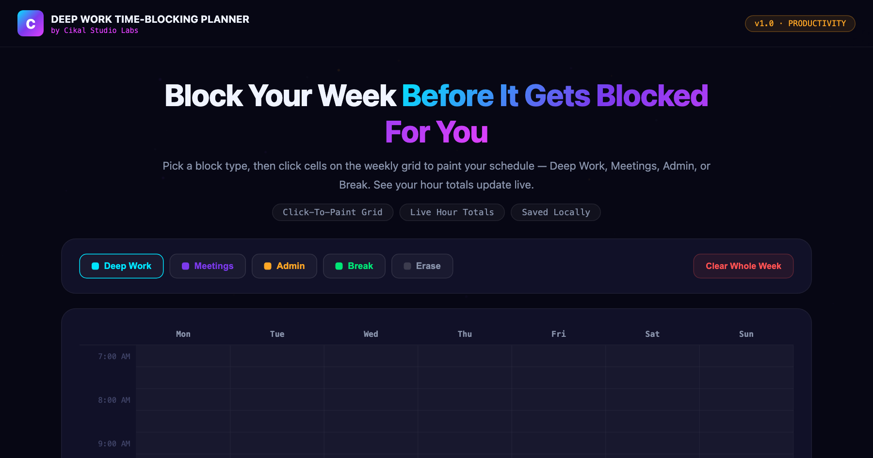 Deep Work Time-Blocking Planner β live screenshot of the tool