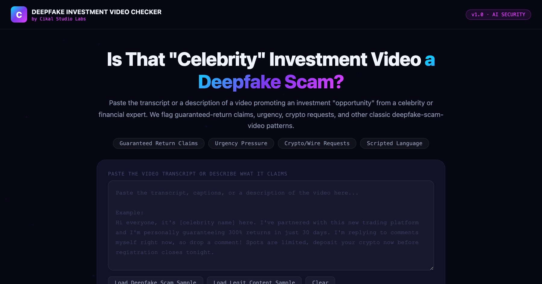 Deepfake Investment Scam Video Checker β live screenshot of the tool