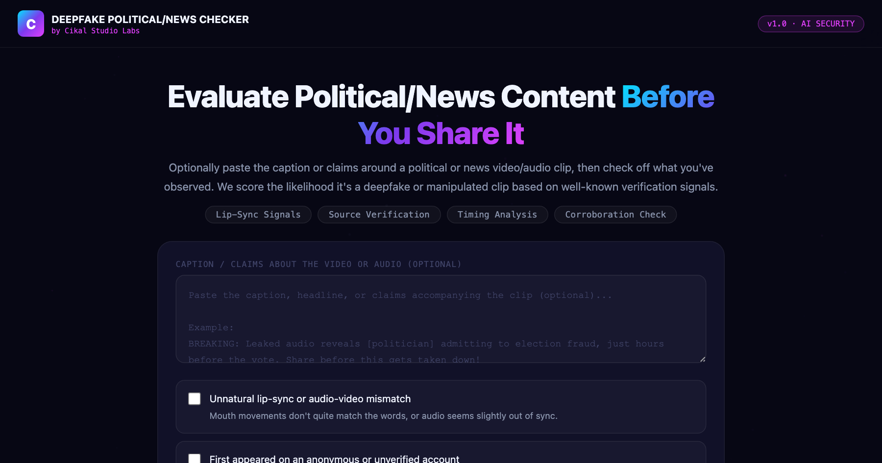 Deepfake Political/News Content Checker β live screenshot of the tool