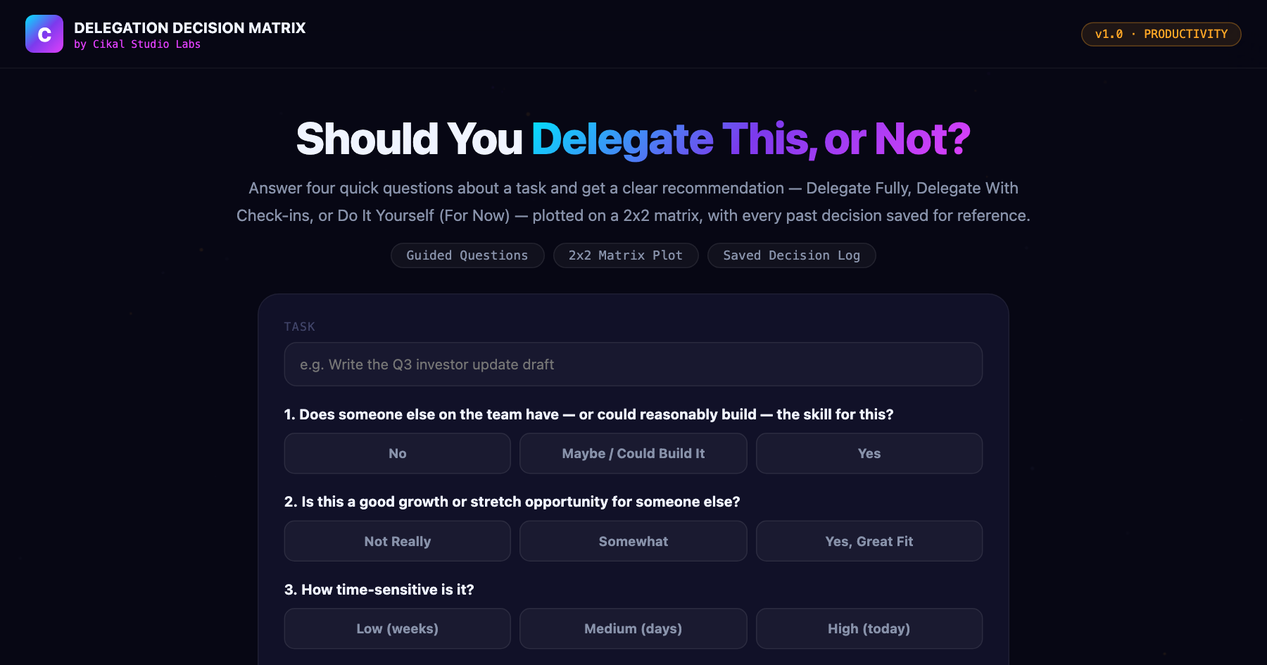 Delegation Decision Matrix Generator — live screenshot of the tool