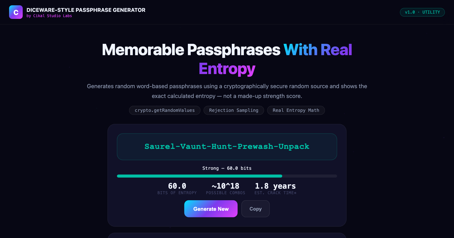 Diceware-Style Passphrase Generator — live screenshot of the tool