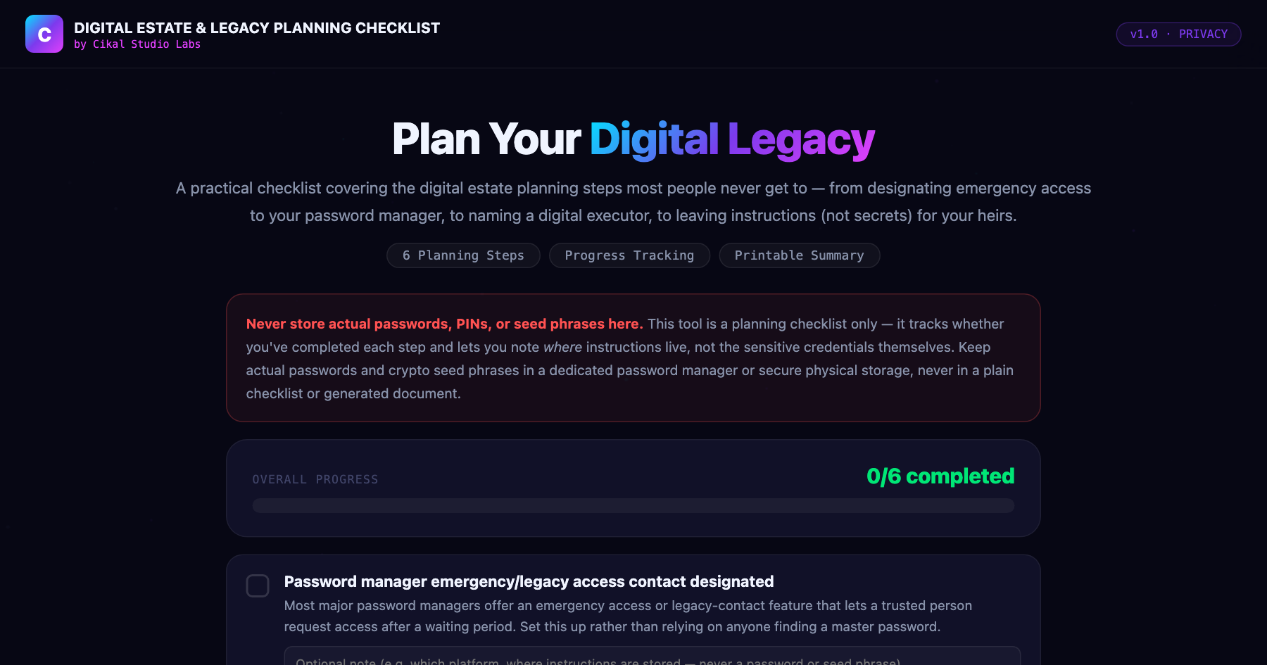 Digital Estate & Legacy Planning Checklist screenshot