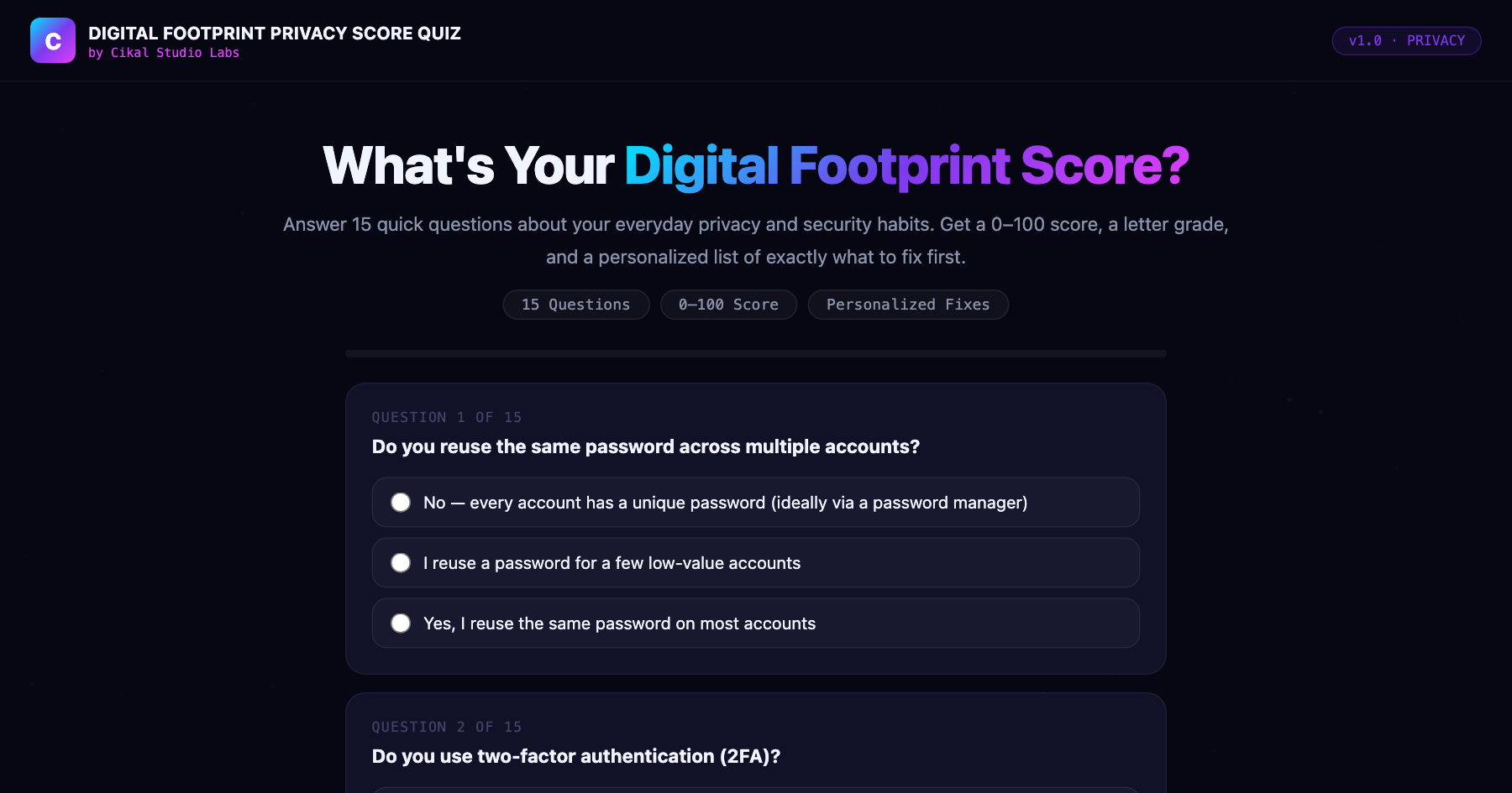 Digital Footprint Privacy Score Quiz screenshot