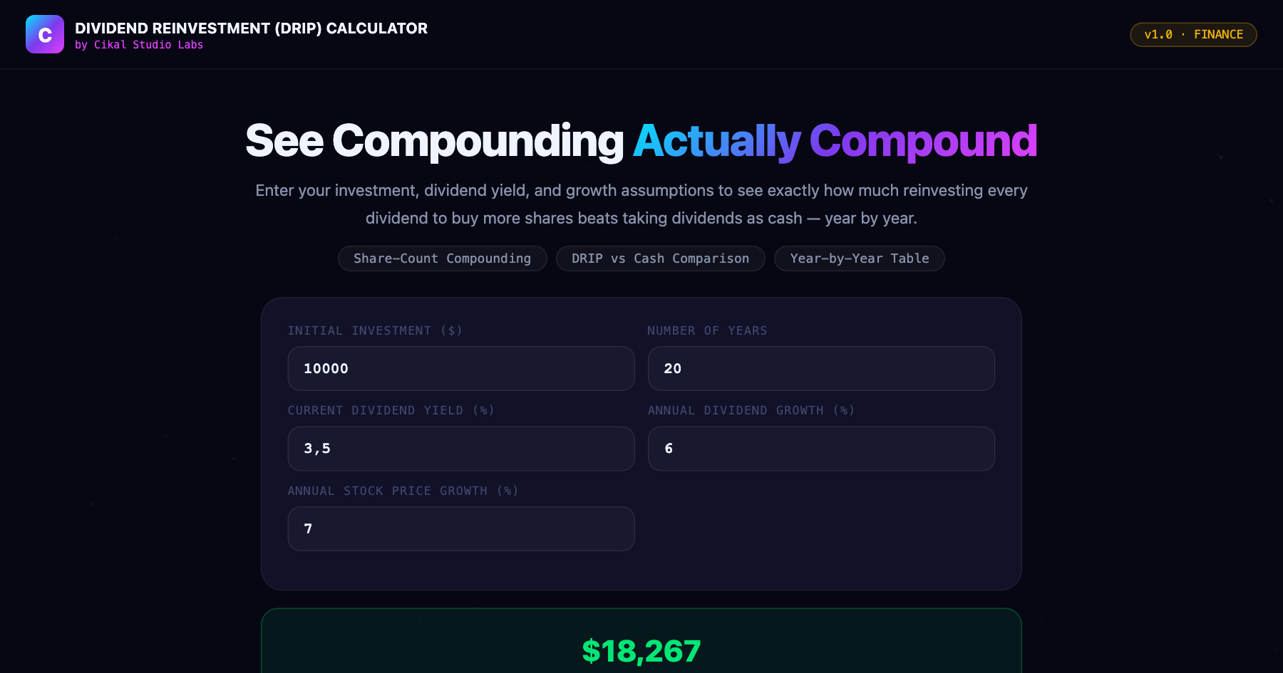 Dividend Reinvestment (DRIP) Calculator — live screenshot of the tool