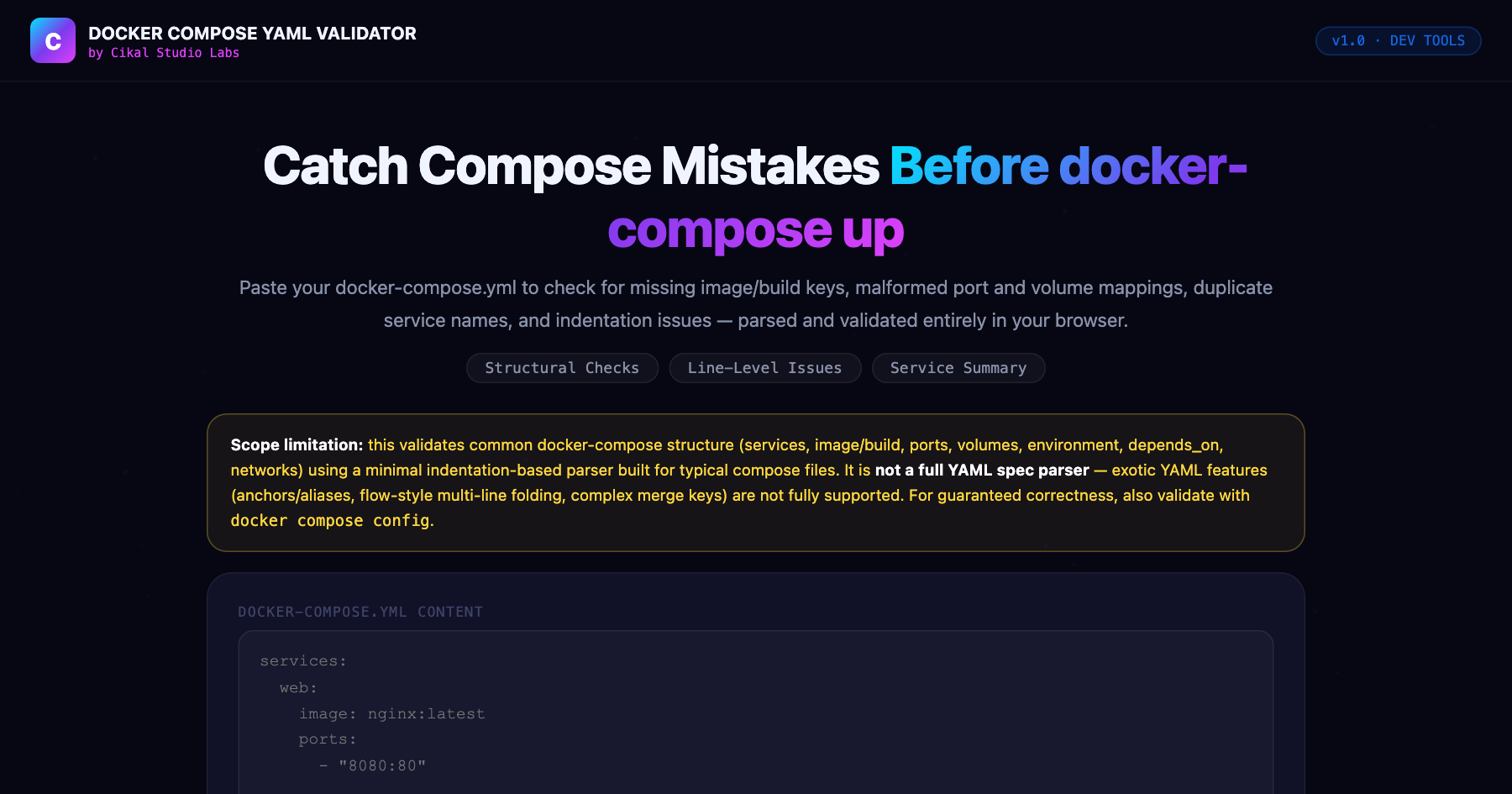 Docker Compose YAML Validator β live screenshot of the tool