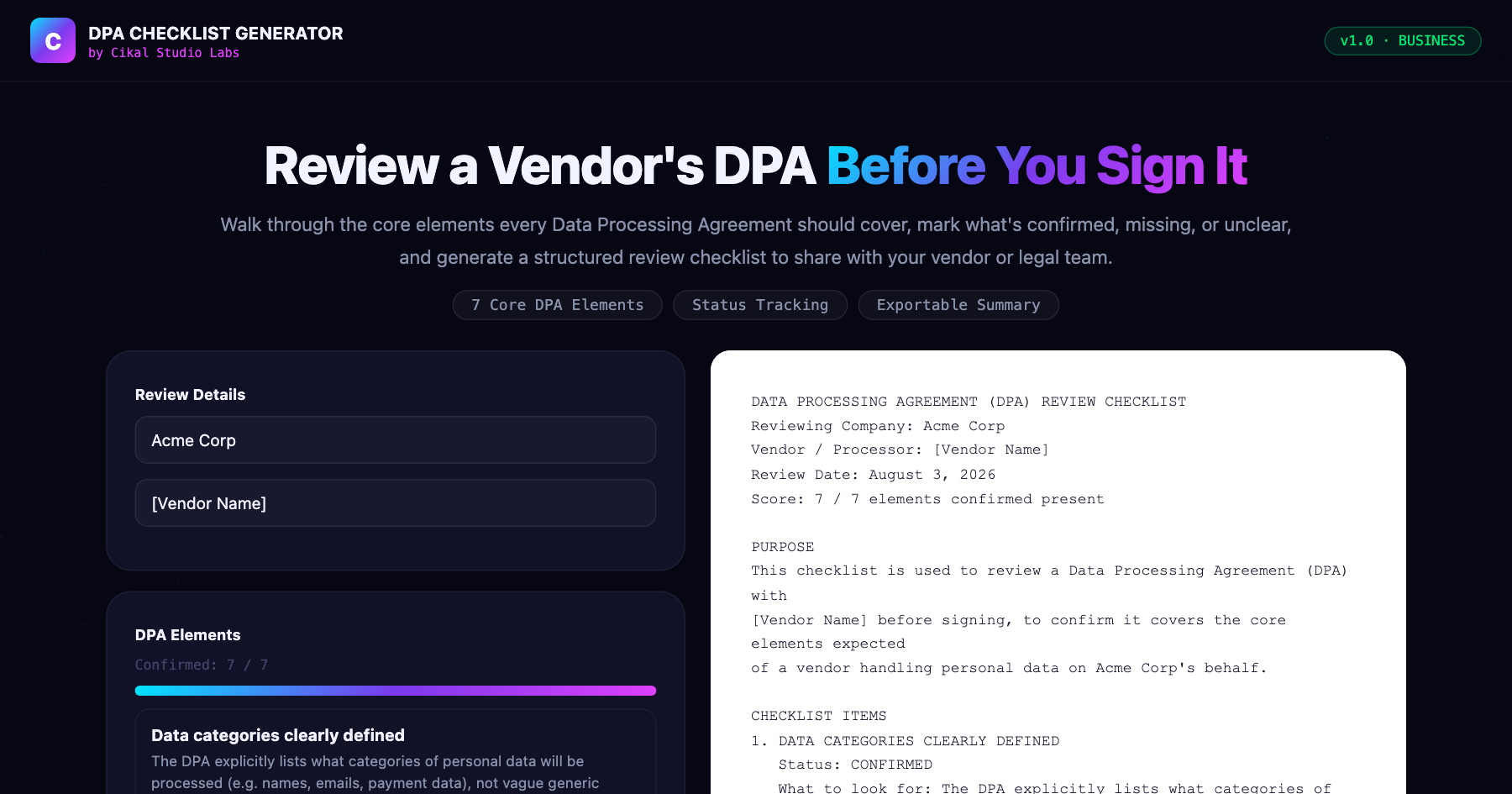 DPA (Data Processing Agreement) Checklist Generator β live screenshot of the tool