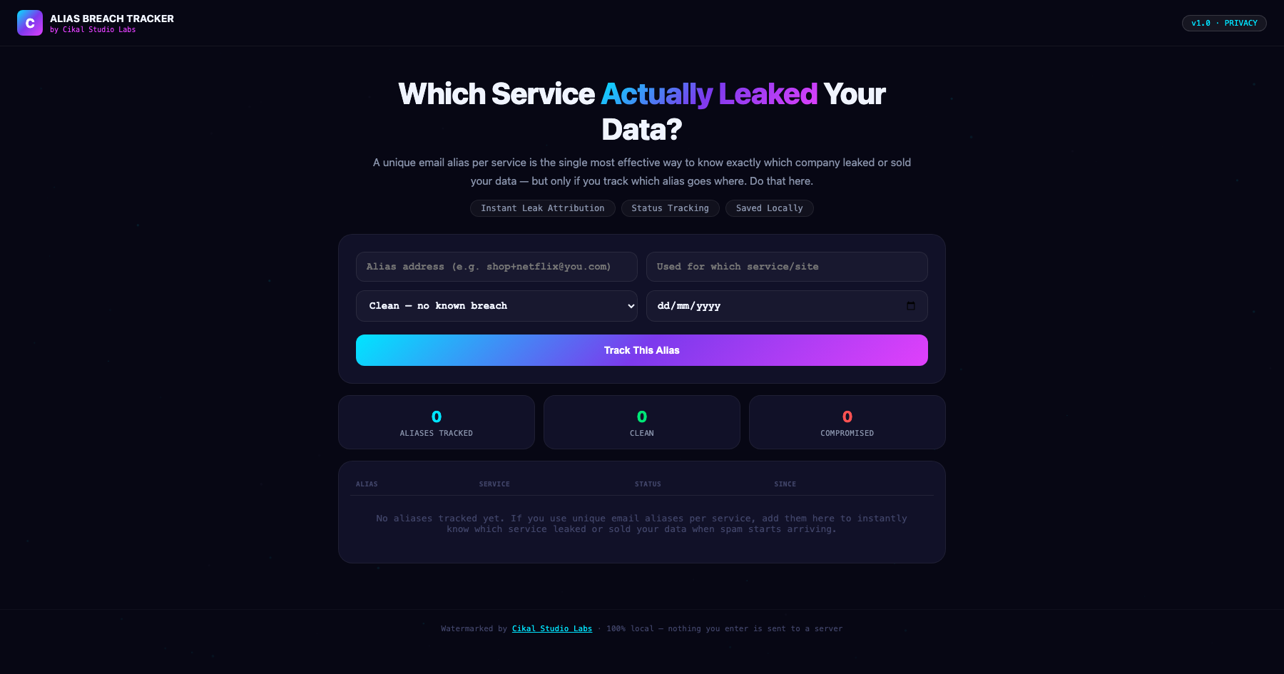 Email Alias Breach Isolation Tracker screenshot