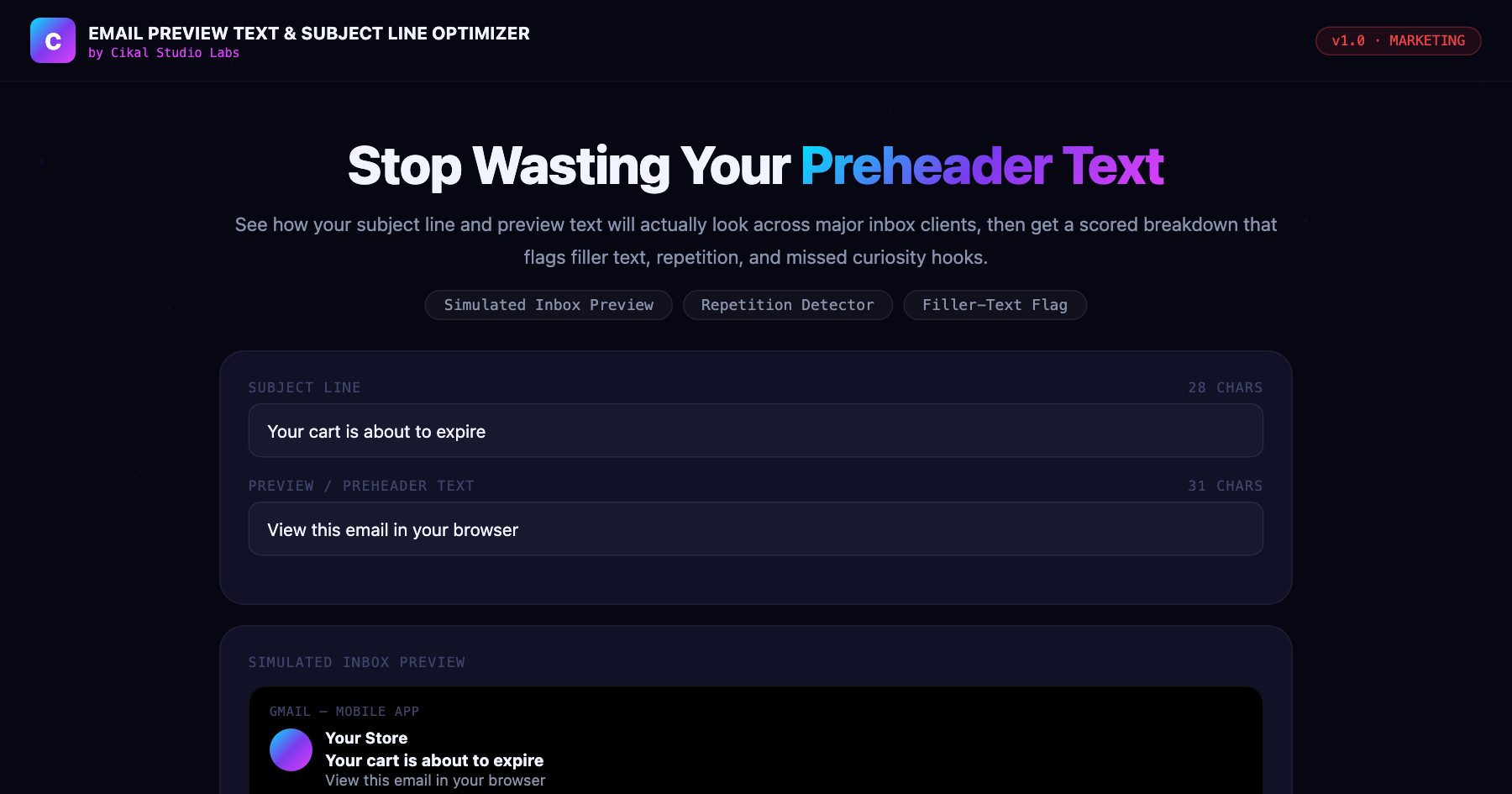 Email Preview Text & Subject Line Optimizer β live screenshot of the tool