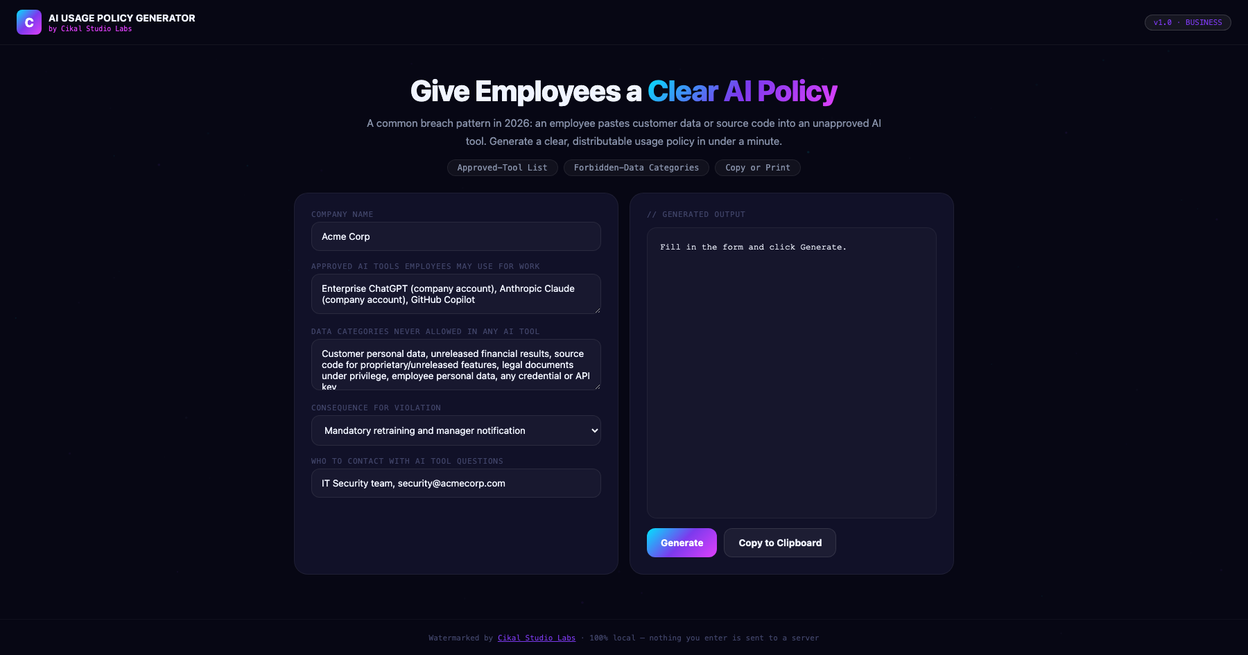Employee AI Tool Usage Policy Generator screenshot