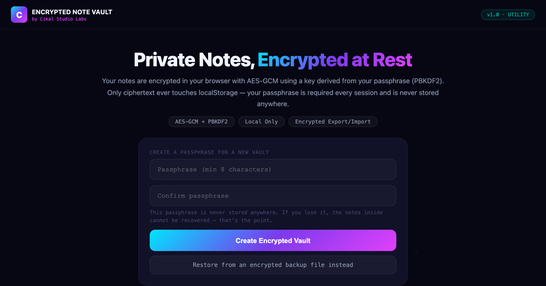 Encrypted Note Vault — live screenshot of the tool