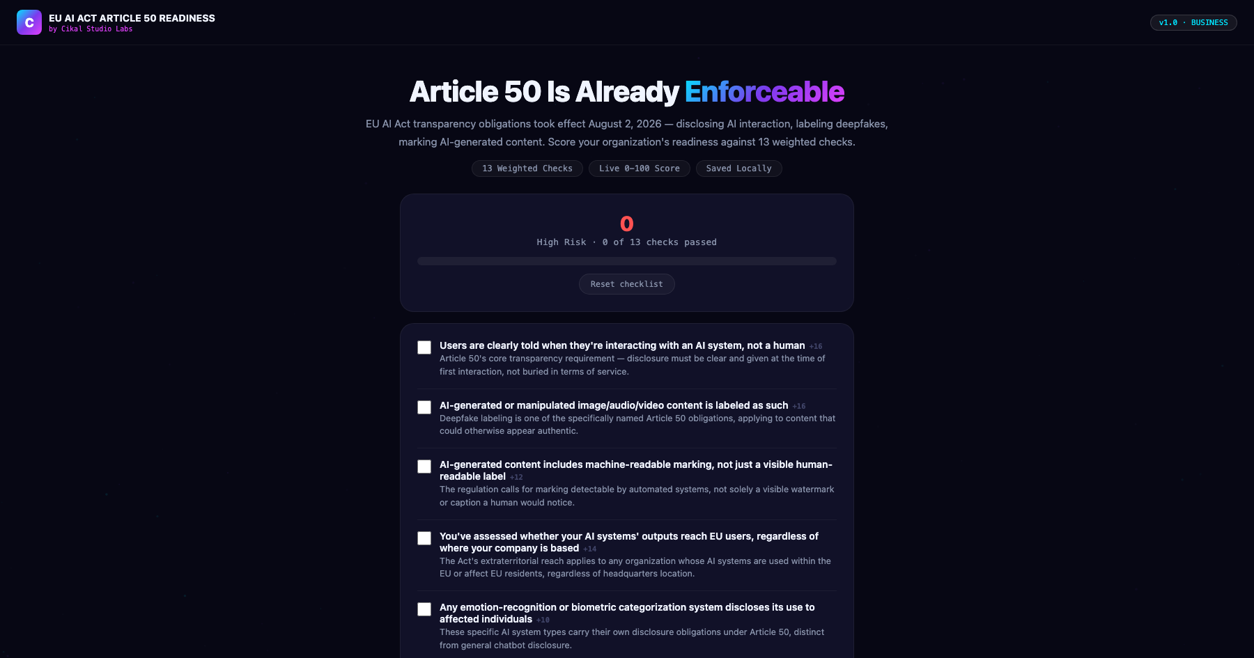 EU AI Act Article 50 Readiness Checker screenshot
