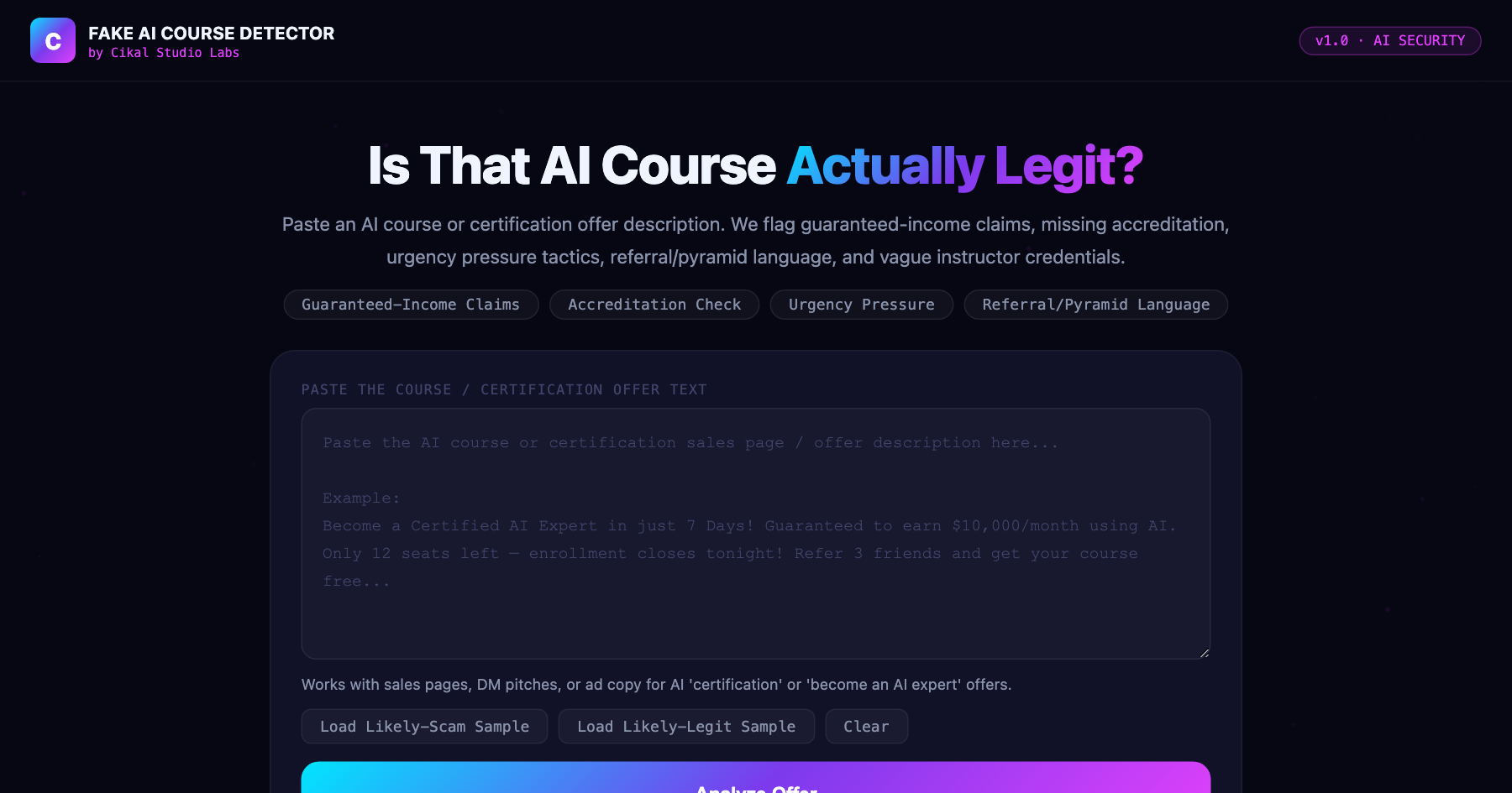 Fake AI Course & Certification Scam Detector β live screenshot of the tool