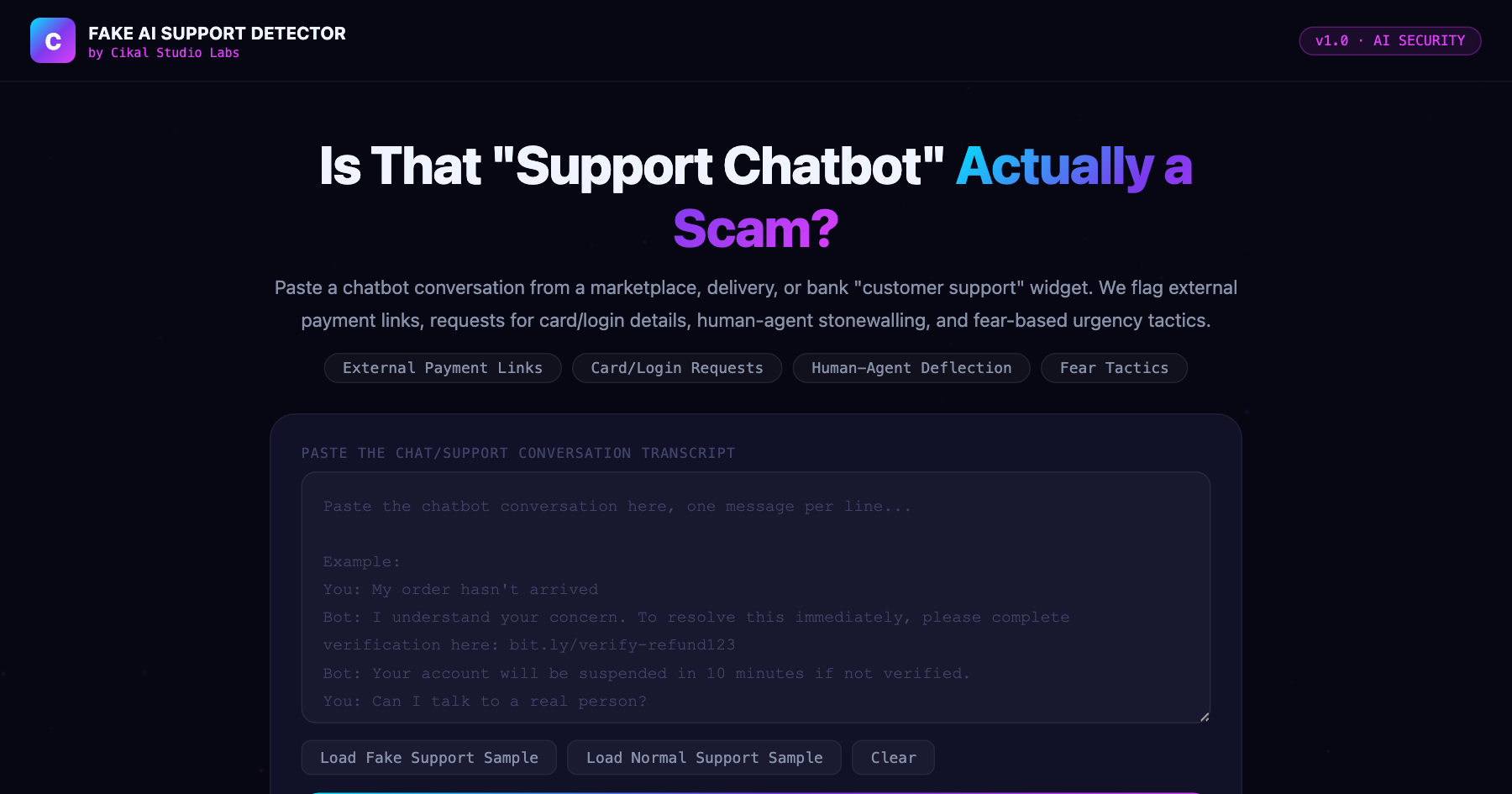 Fake AI Customer Support Scam Detector β live screenshot of the tool