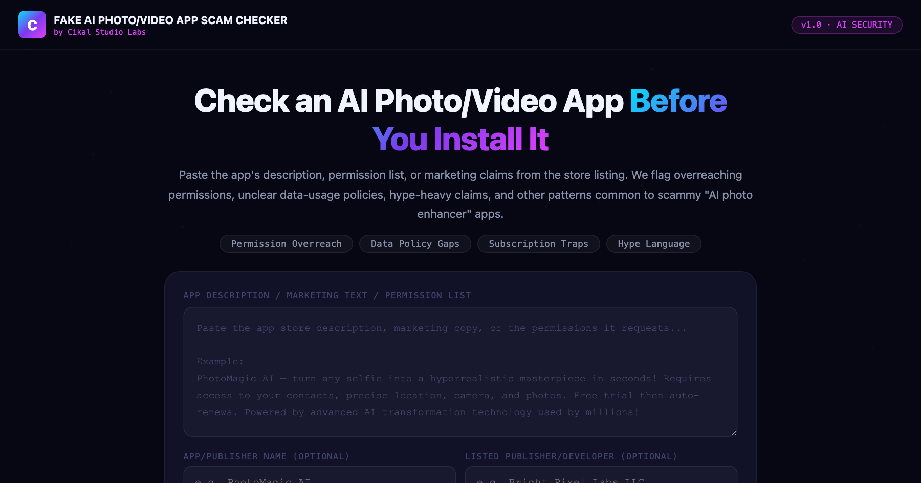 Fake AI Photo/Video App Scam Checker β live screenshot of the tool