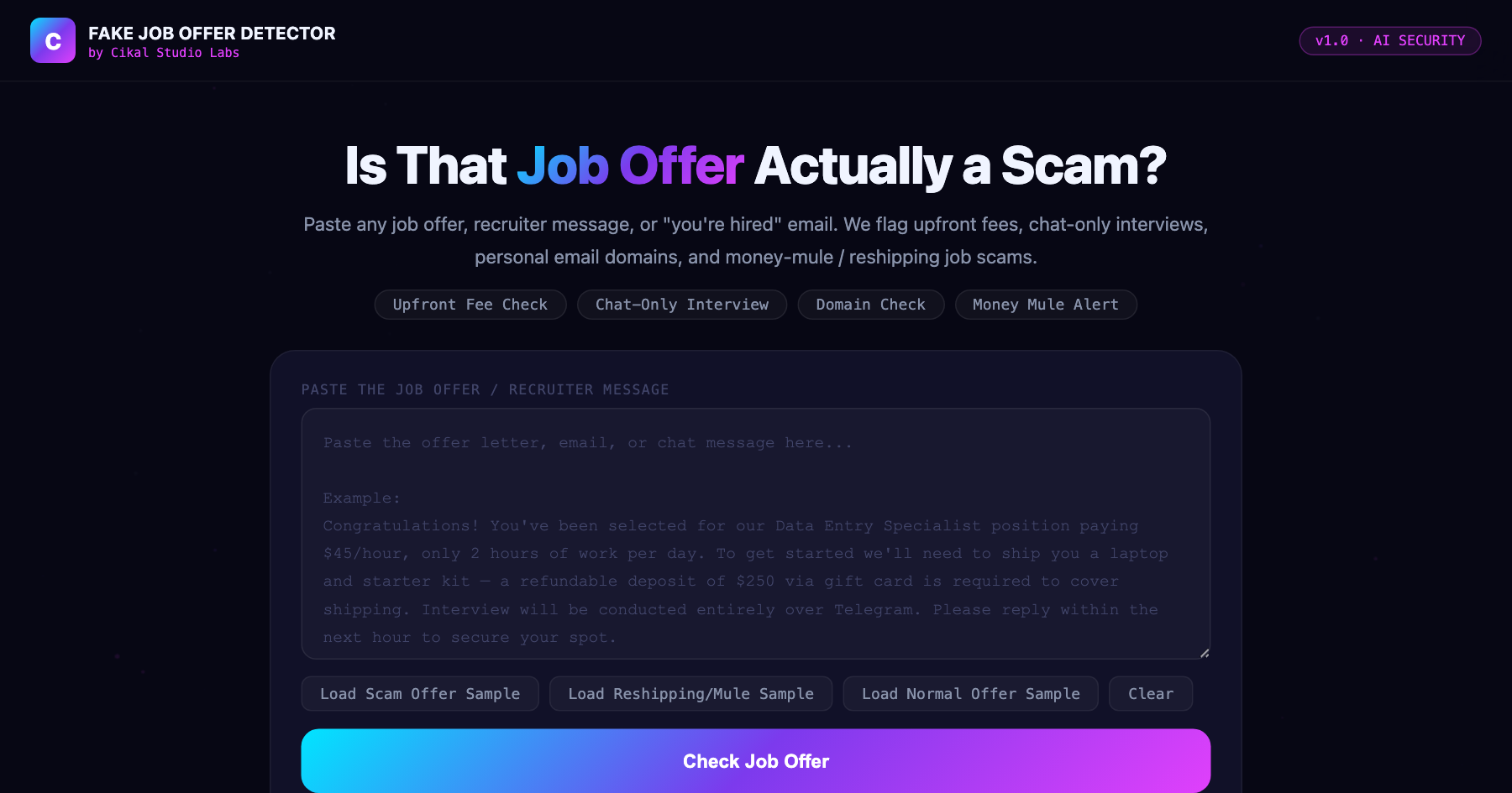 Fake Job Offer Scam Detector screenshot