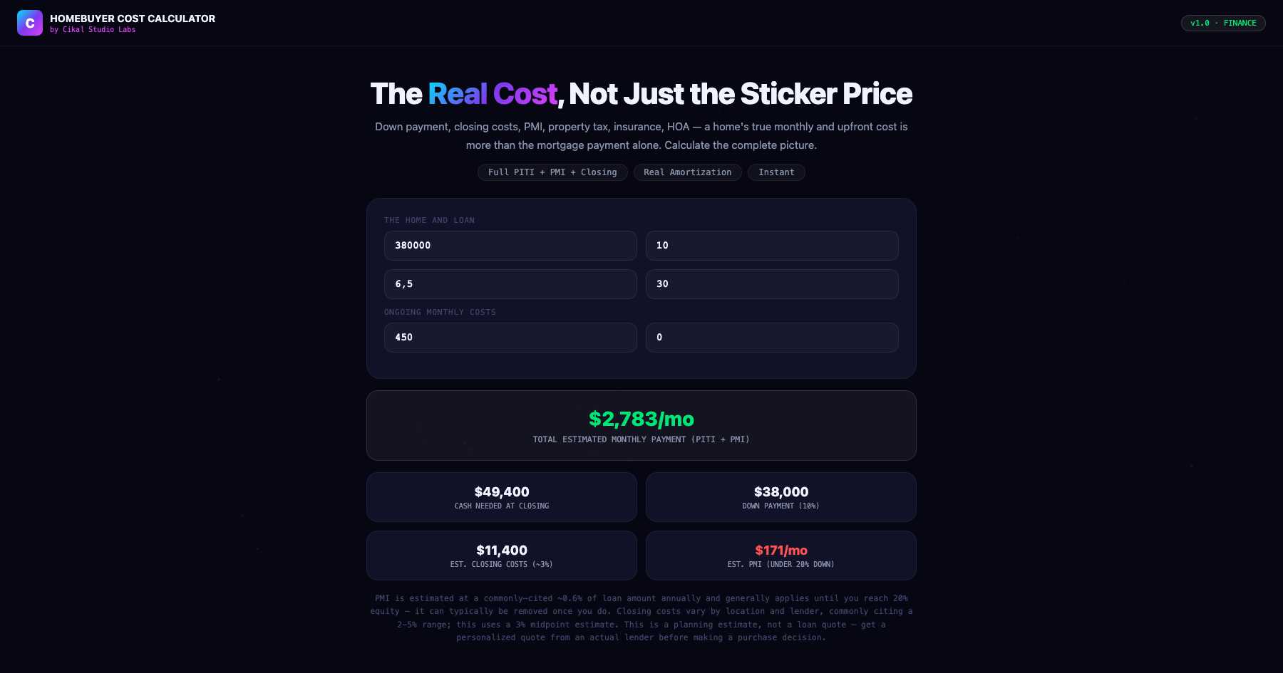 First-Time Homebuyer Cost Calculator screenshot