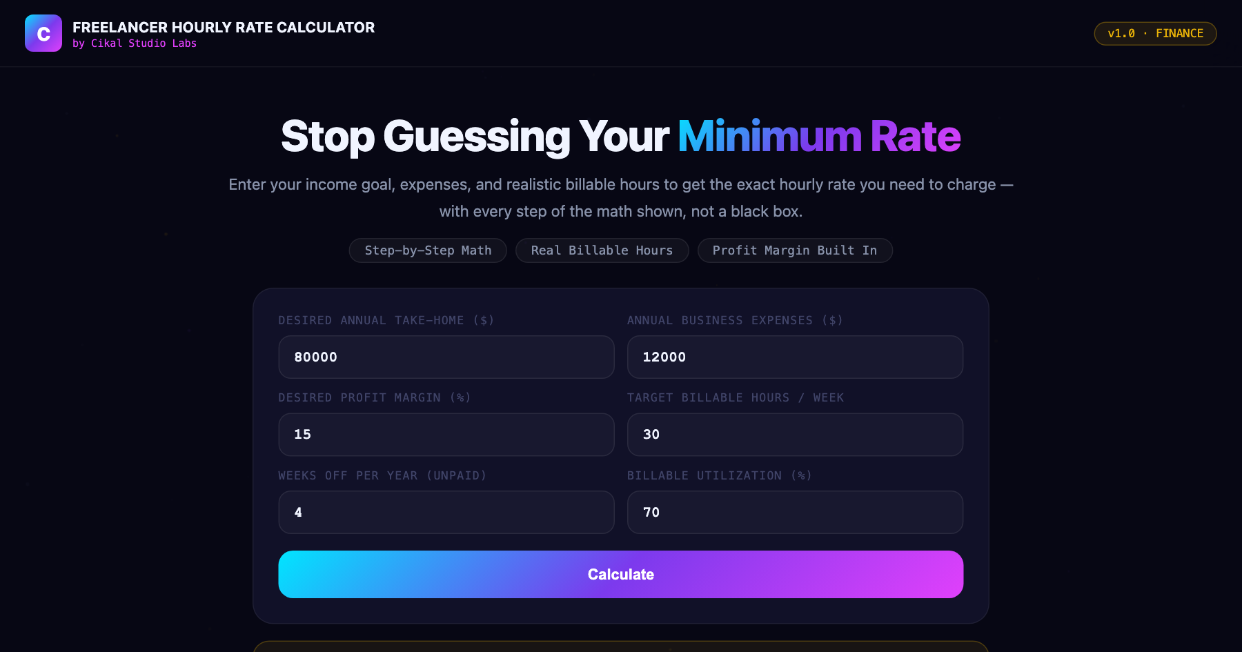 Freelancer Hourly Rate Calculator screenshot
