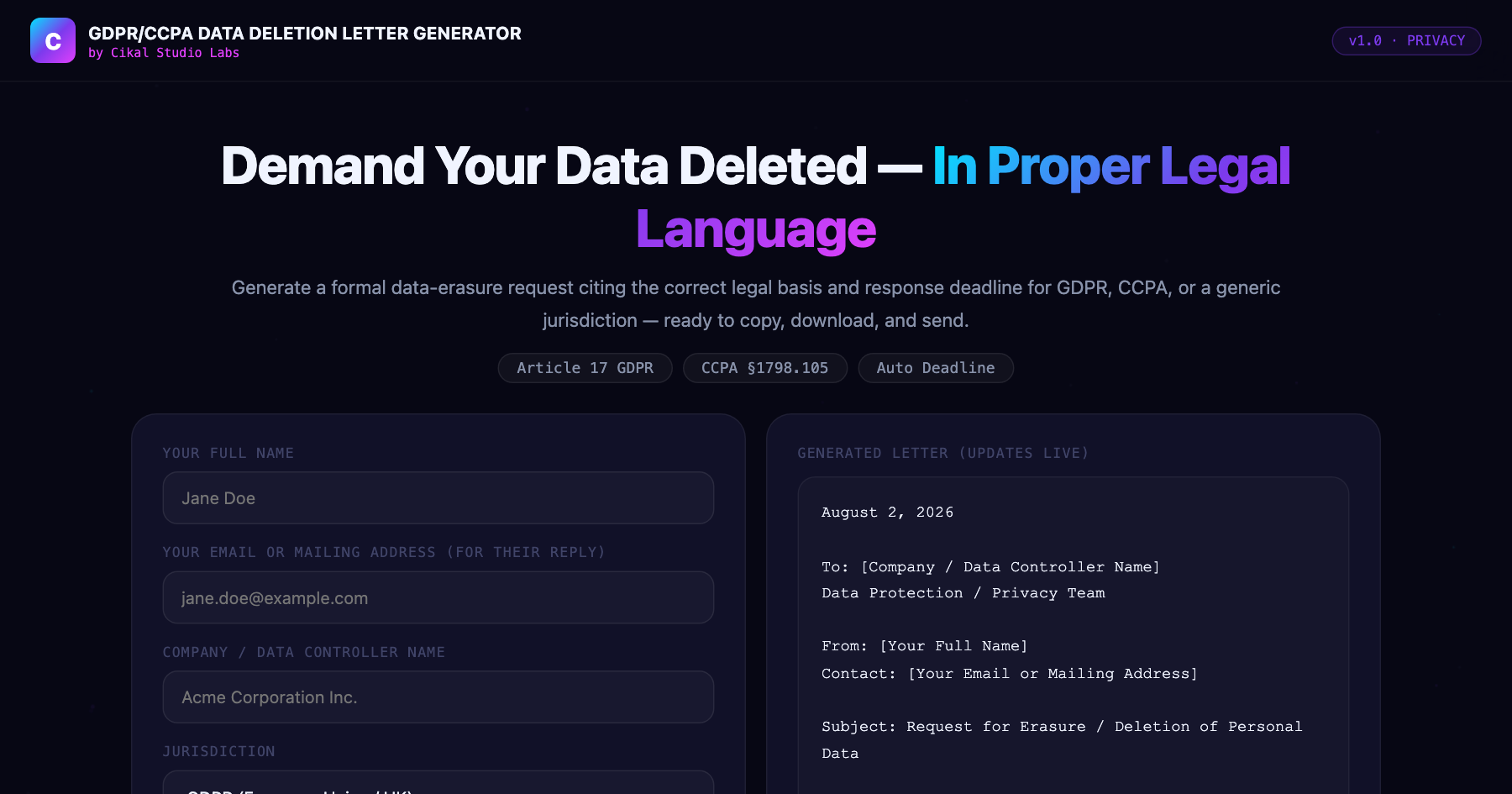 GDPR/CCPA Data Deletion Letter Generator screenshot