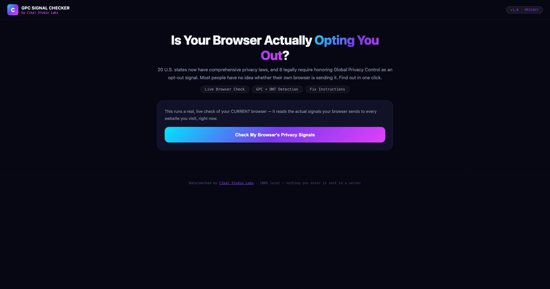 Global Privacy Control Signal Checker screenshot