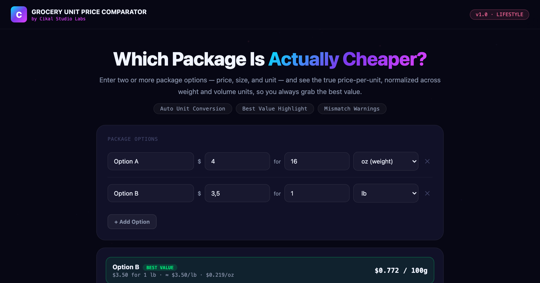 Grocery Unit Price Comparator — live screenshot of the tool
