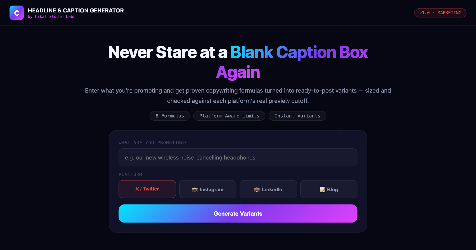 Headline & Caption Generator screenshot