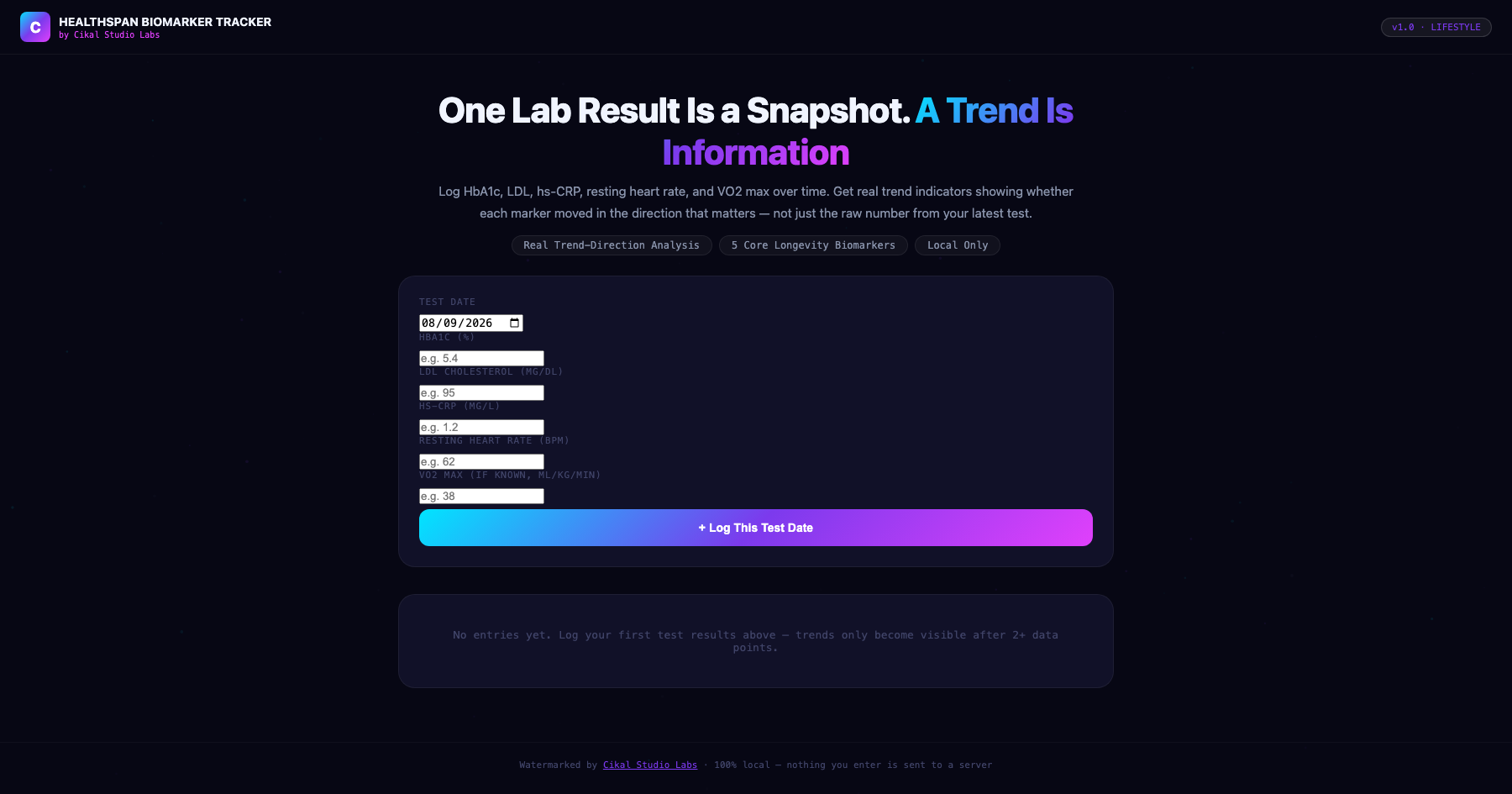 Healthspan Biomarker Tracker screenshot