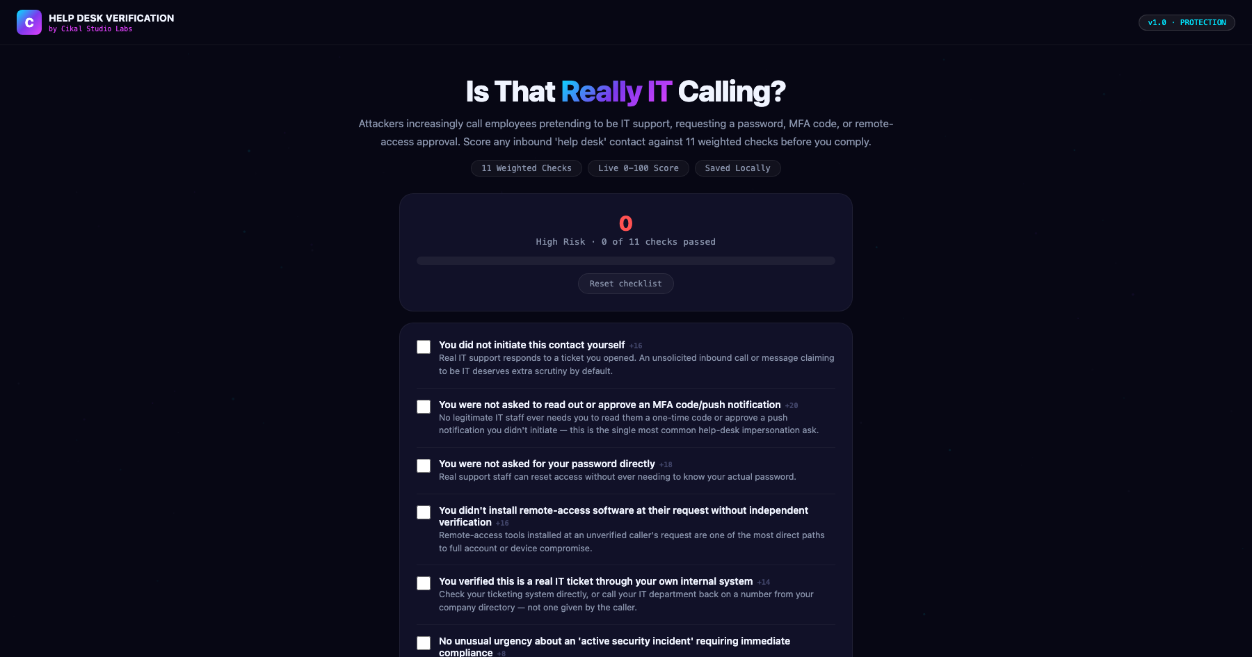 Help Desk Impersonation Verification Checklist screenshot