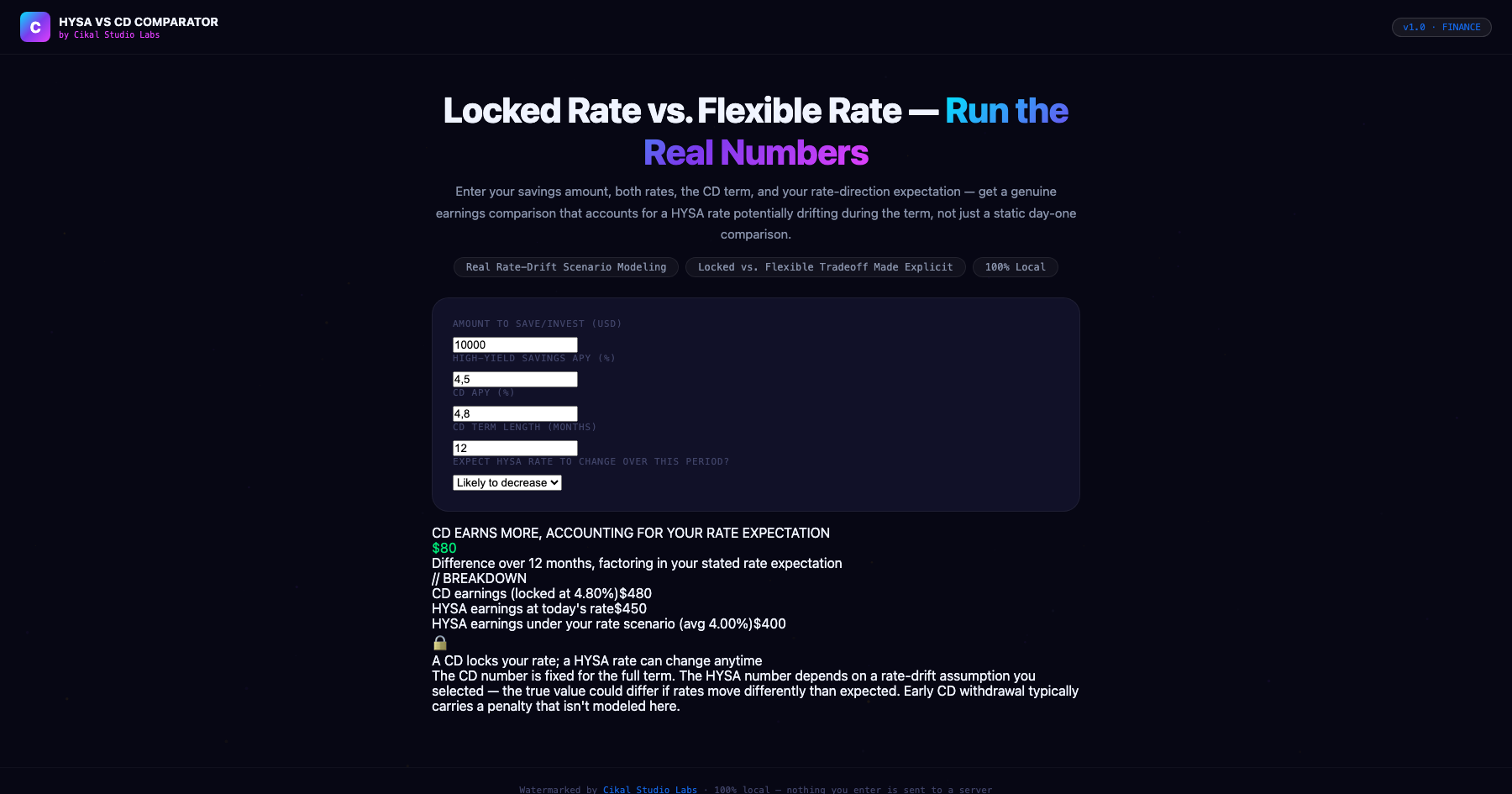 High-Yield Savings vs. CD Comparator screenshot
