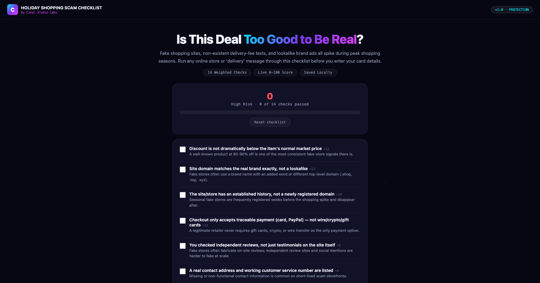 Holiday Shopping Scam Checklist screenshot