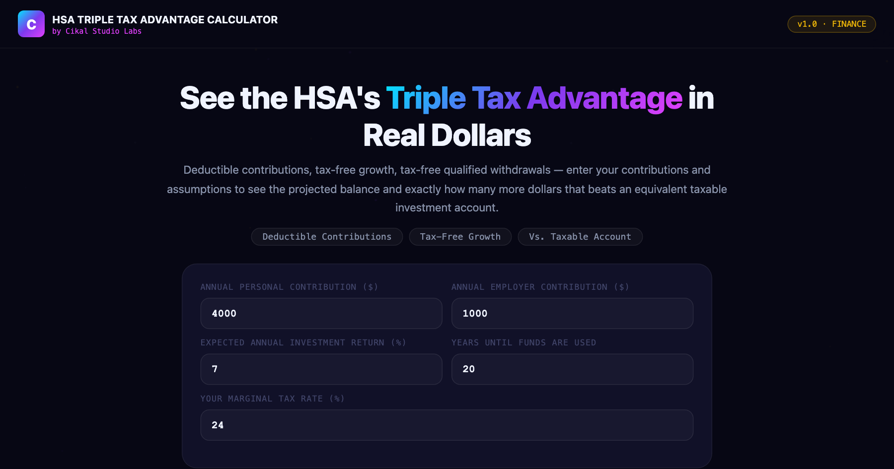 HSA Triple Tax Advantage Calculator β live screenshot of the tool
