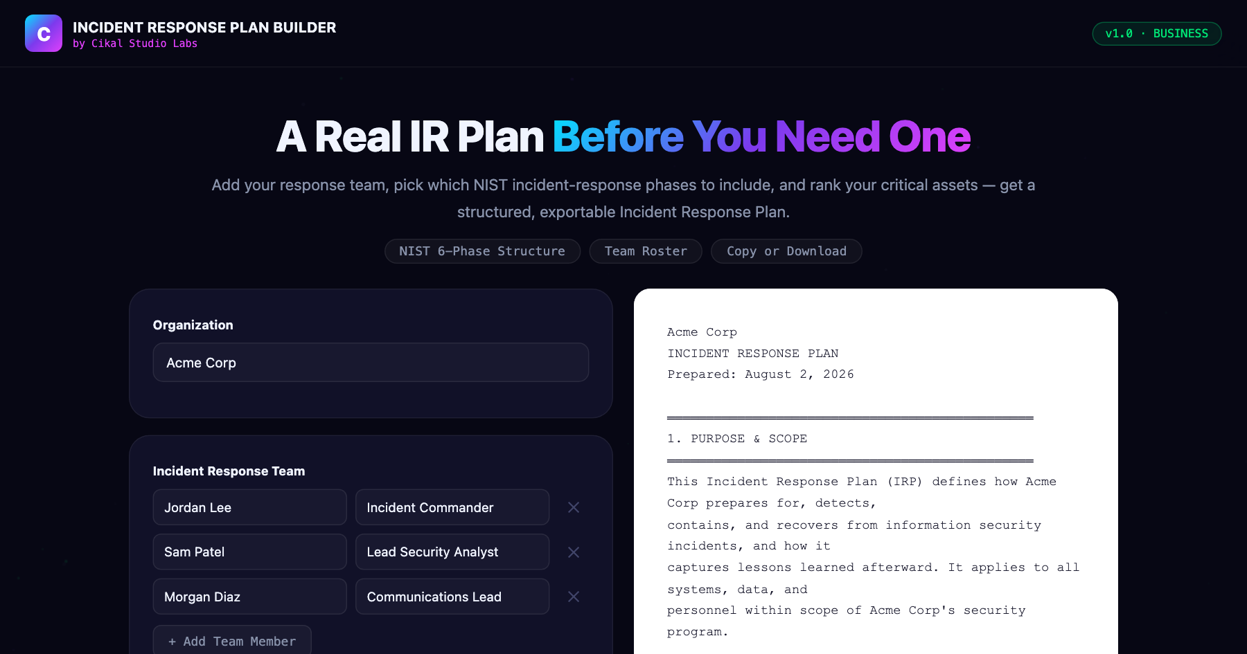 Incident Response Plan Builder screenshot