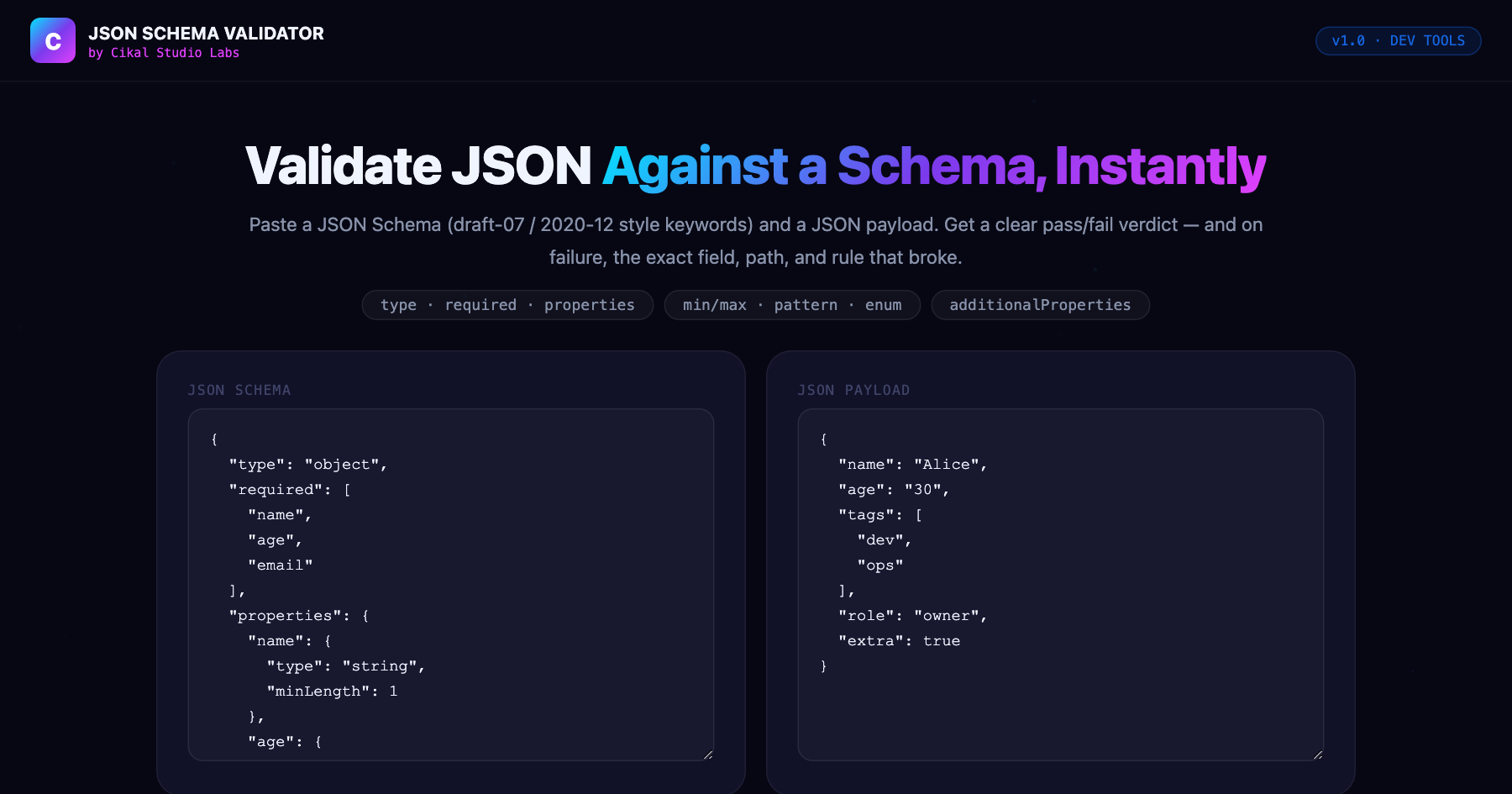 JSON Schema Validator — live screenshot of the tool