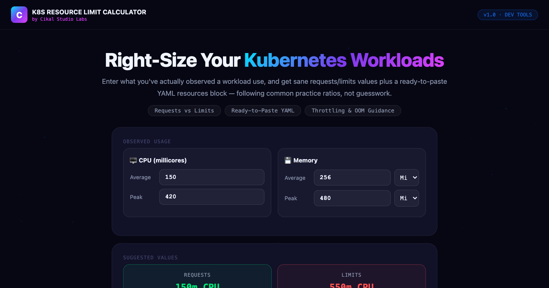 Kubernetes Resource Limit Calculator screenshot