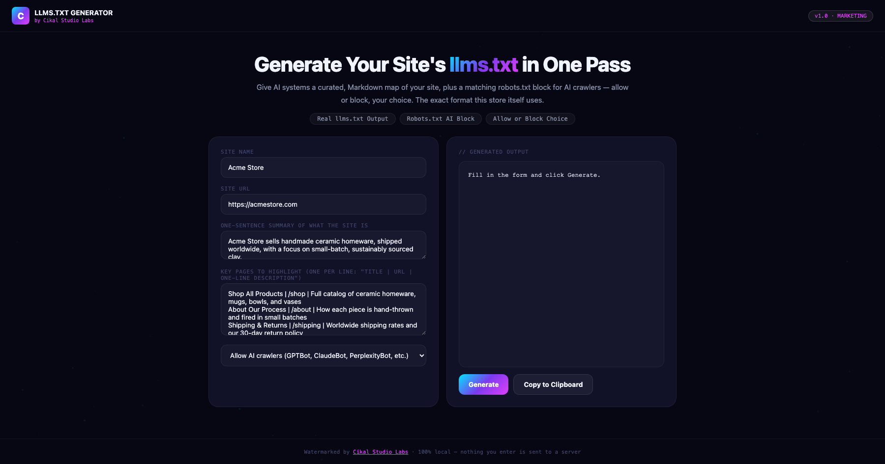 llms.txt & AI Crawler Policy Generator screenshot
