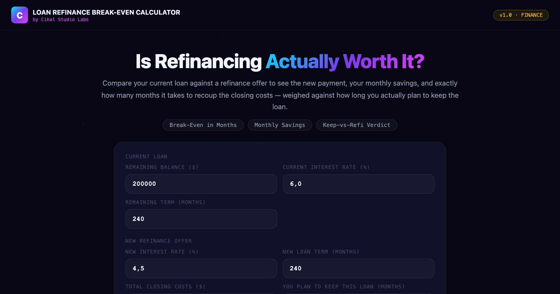 Loan Refinance Break-Even Calculator screenshot