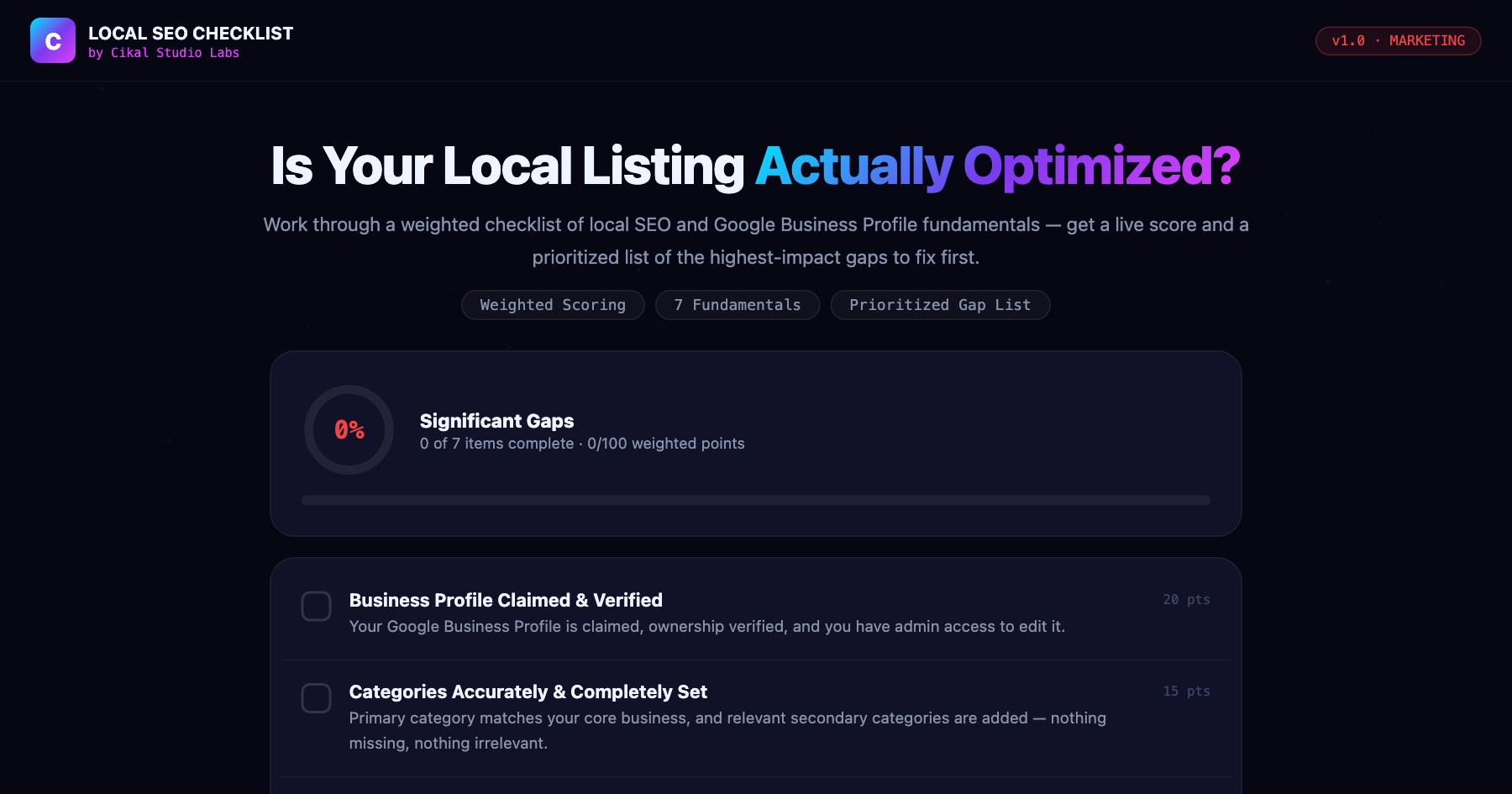 Local SEO & Google Business Profile Checklist β live screenshot of the tool