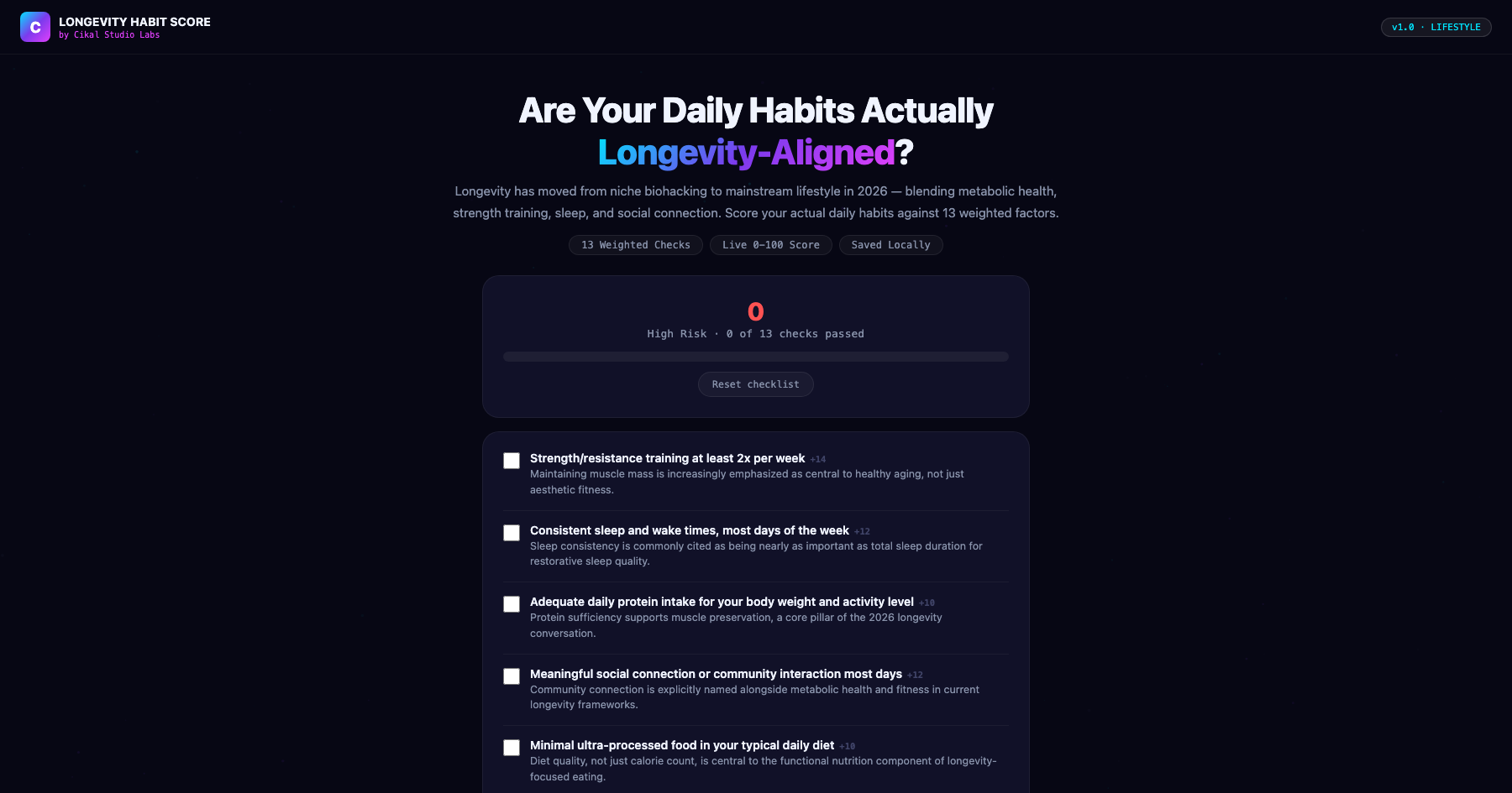 Longevity Habit Score Tracker screenshot