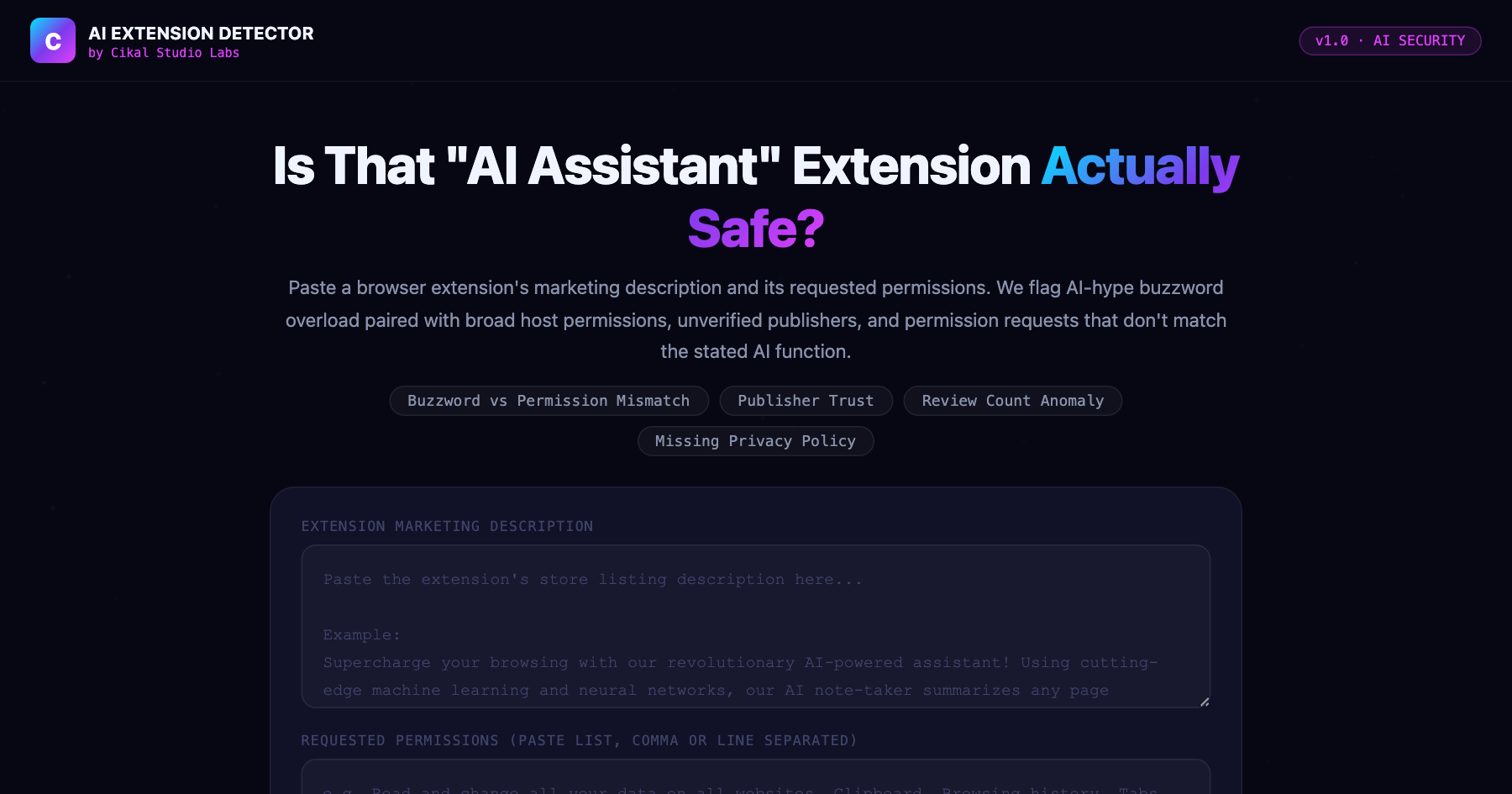 Malicious "AI Assistant" Browser Extension Detector β live screenshot of the tool