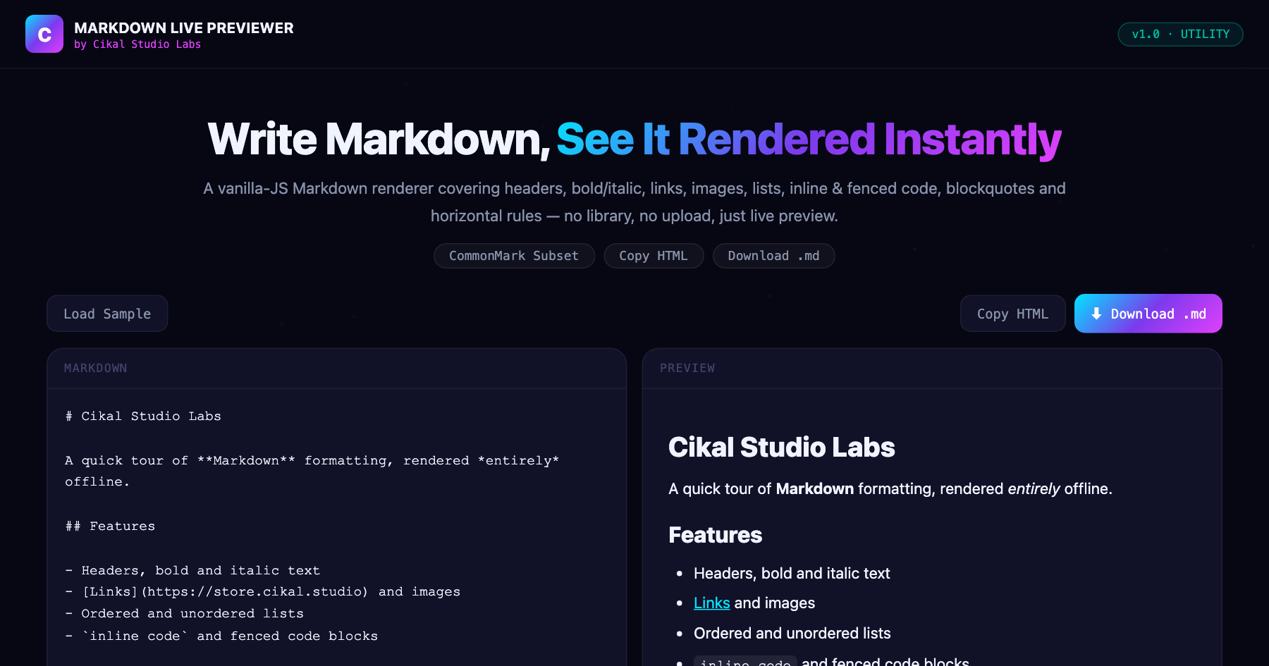Markdown Live Previewer — live screenshot of the tool