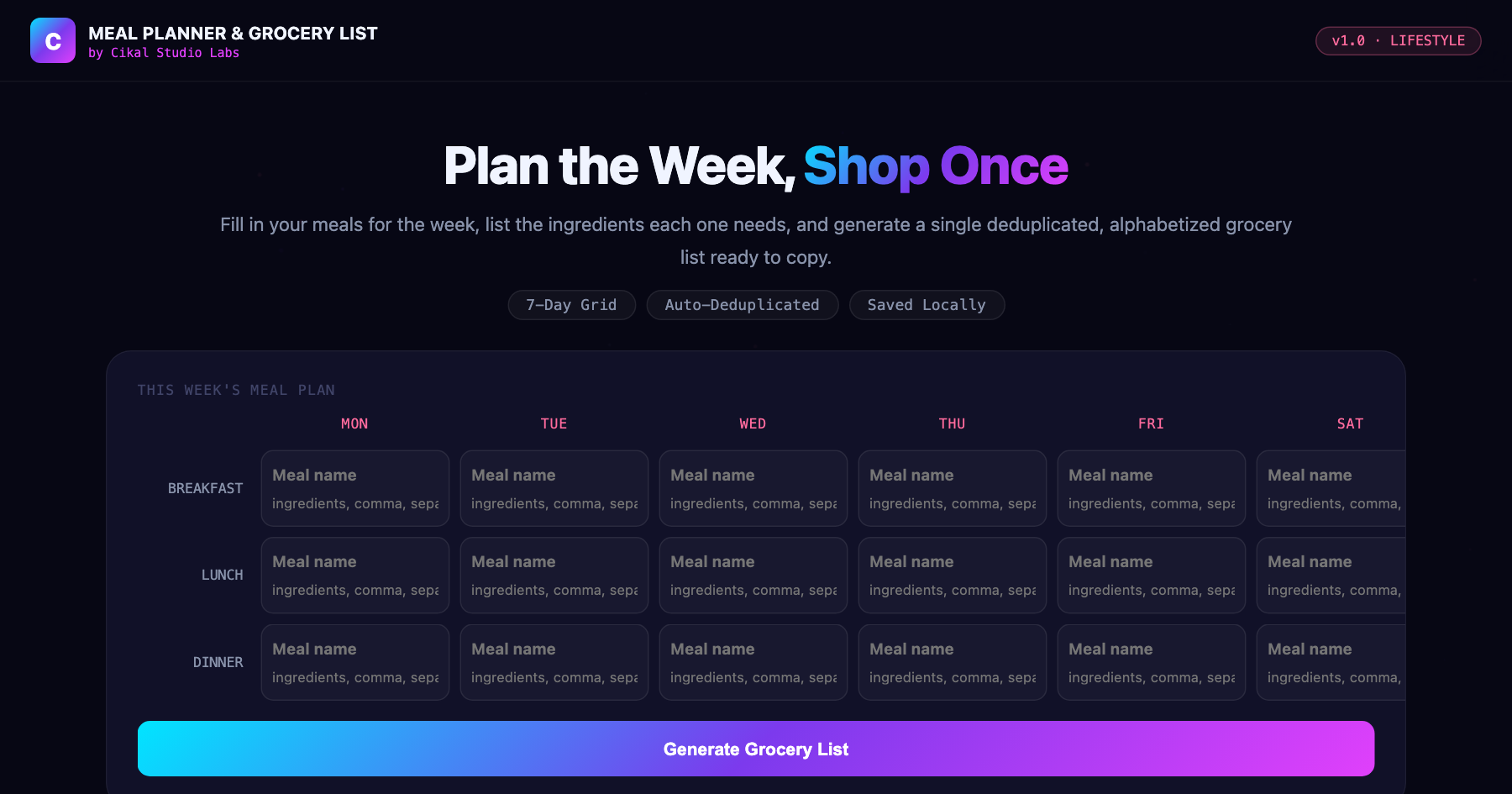 Meal Planner & Grocery List Generator screenshot