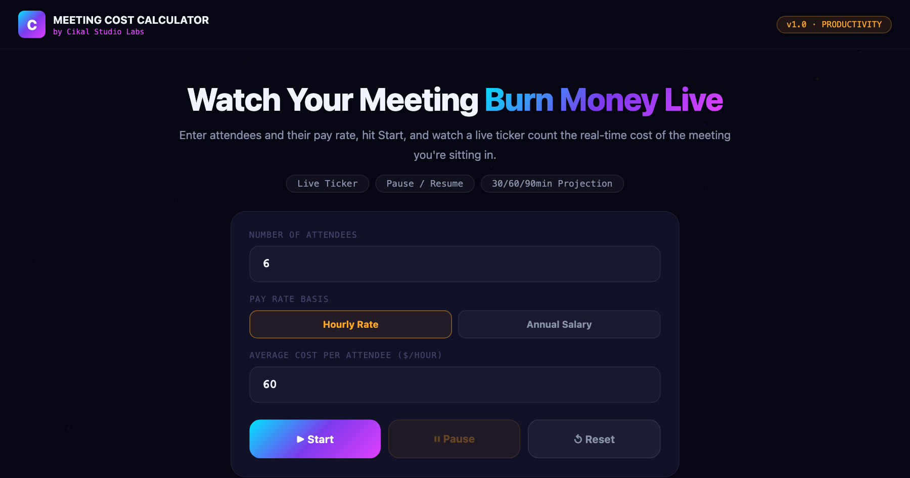 Meeting Cost Calculator screenshot