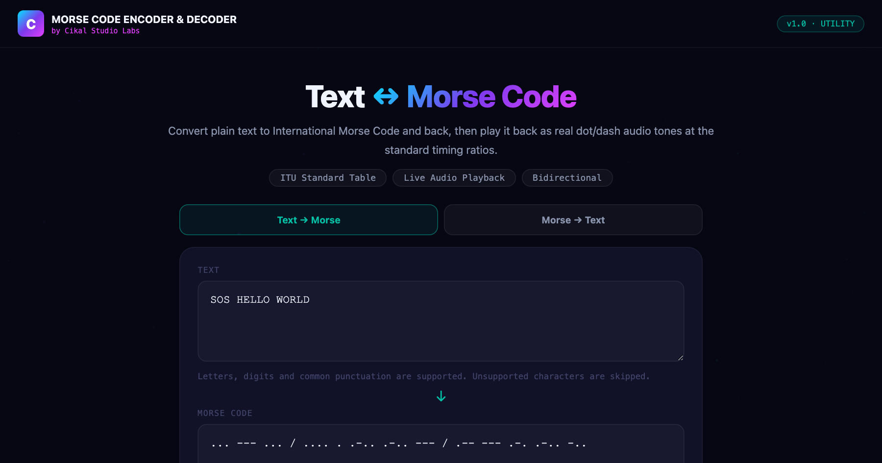 Morse Code Encoder & Decoder β live screenshot of the tool