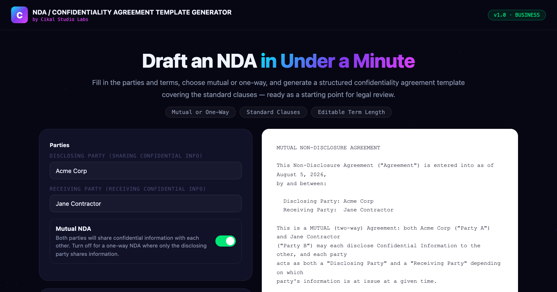 NDA / Confidentiality Agreement Template Generator — live screenshot of the tool