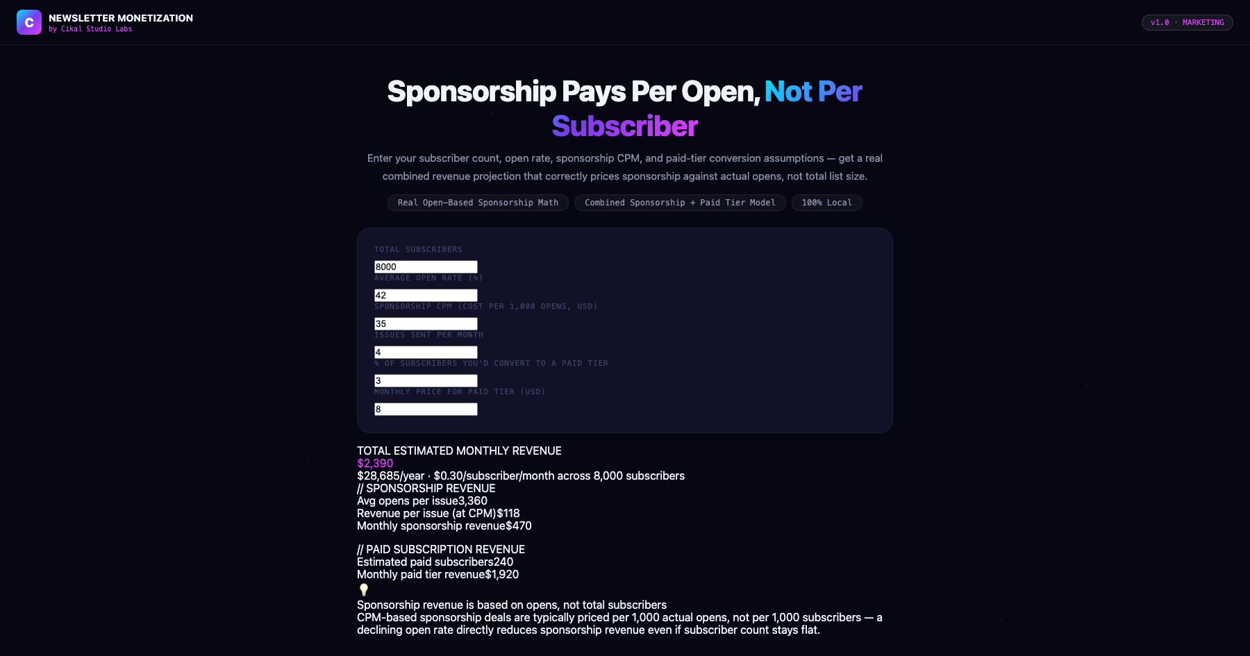 Newsletter Monetization Calculator screenshot
