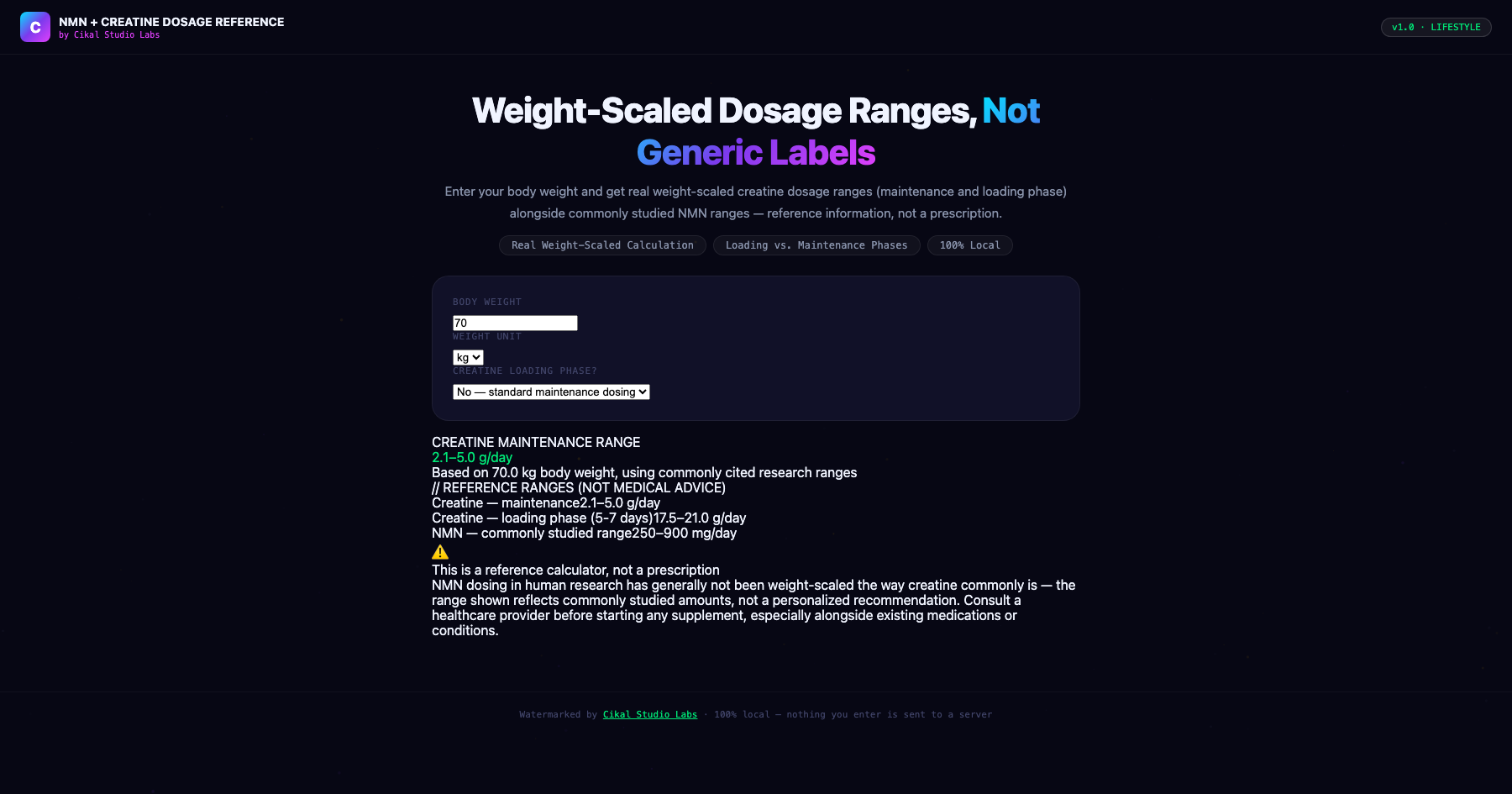 NMN + Creatine Dosage Reference Calculator screenshot