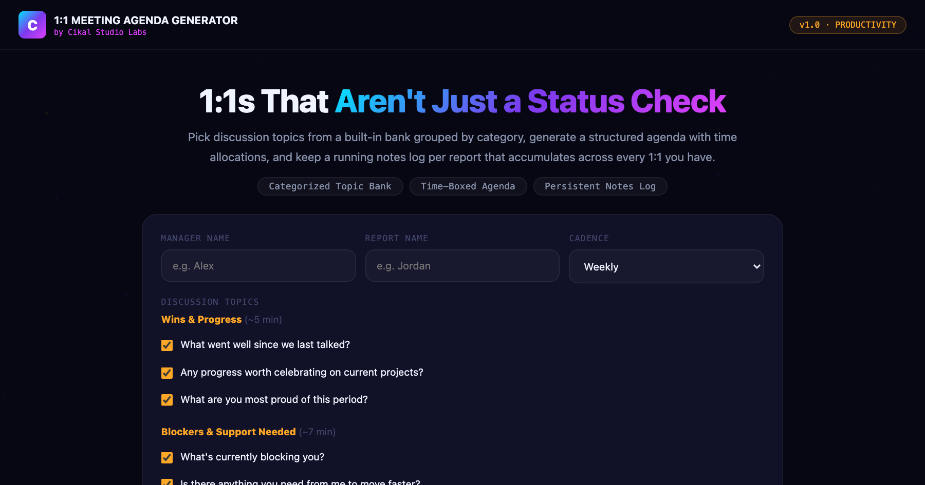 1:1 Meeting Agenda Generator screenshot