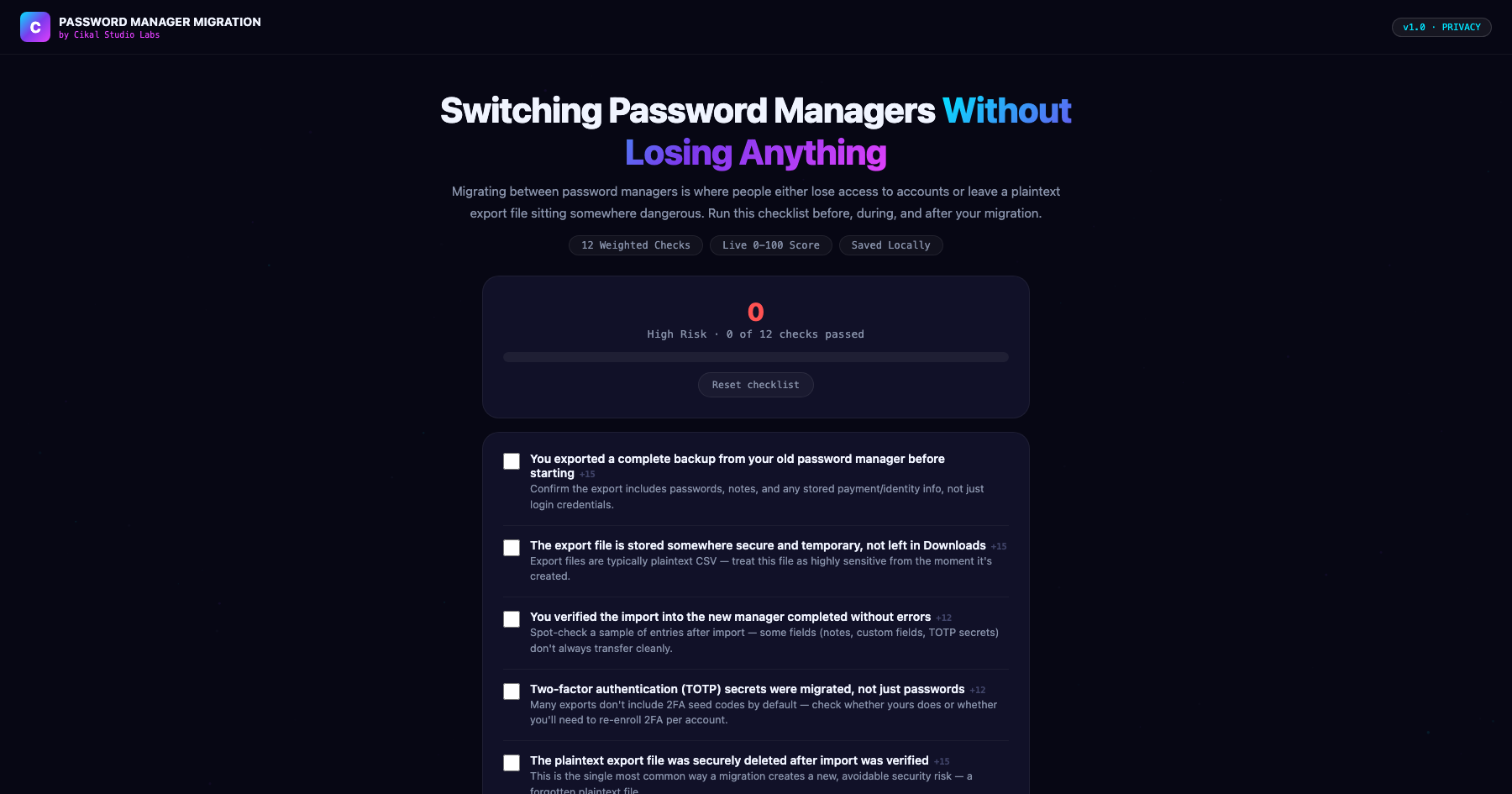 Password Manager Migration Checklist screenshot