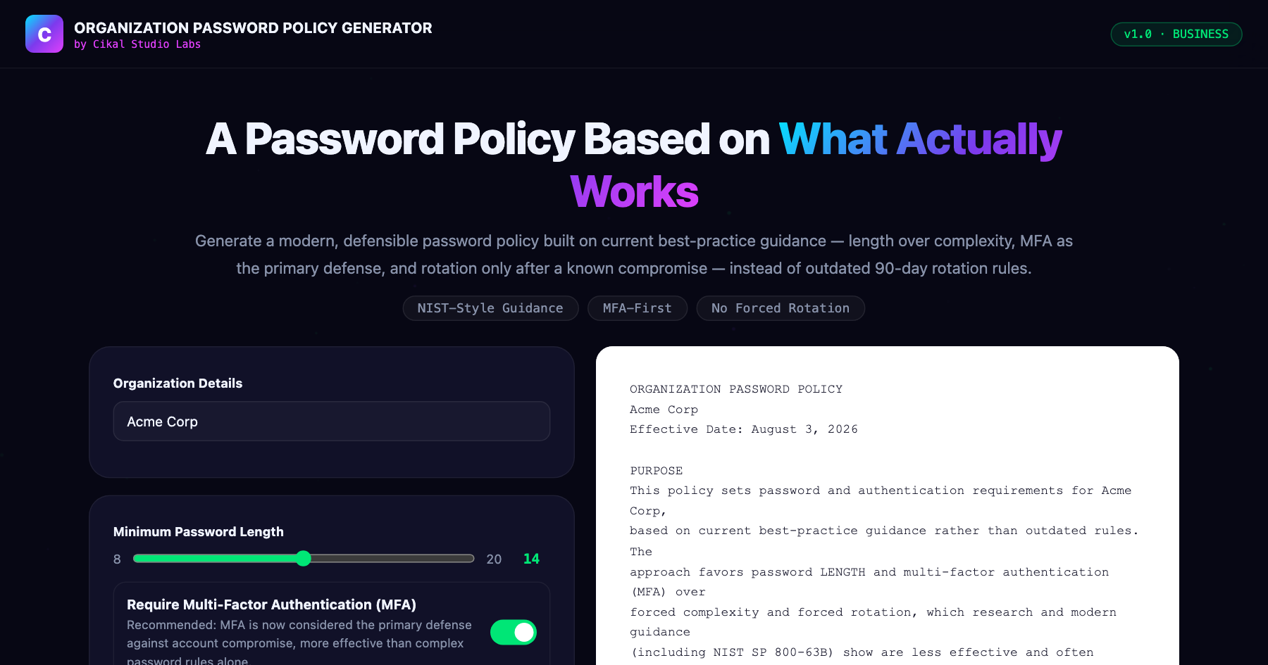 Organization Password Policy Generator β live screenshot of the tool